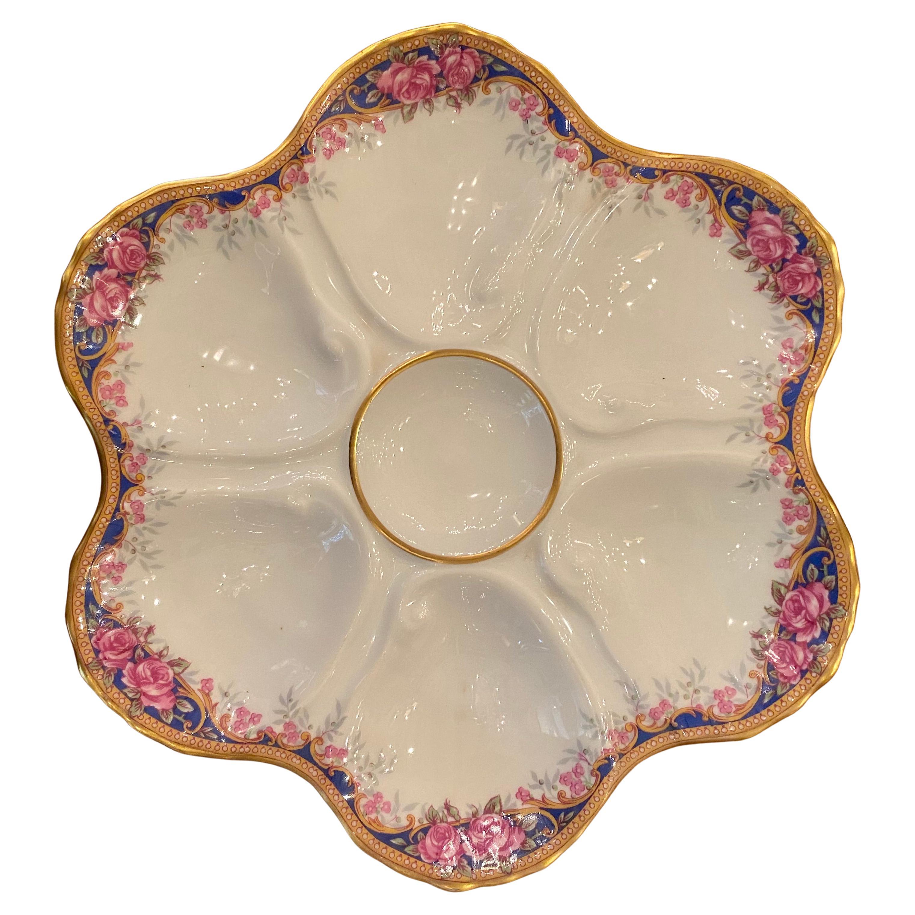 Antique French Gold, Blue 
Pink Floral Limoges Porcelain Oyster Plate, Ca. 1930