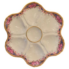 Antique French Gold, Blue & Pink Floral Limoges Porcelain Oyster Plate, Ca. 1930