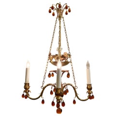 Antique French Gold Bronze, Amber Crystal & Saxe Porcelain Chandelier Circa 1890