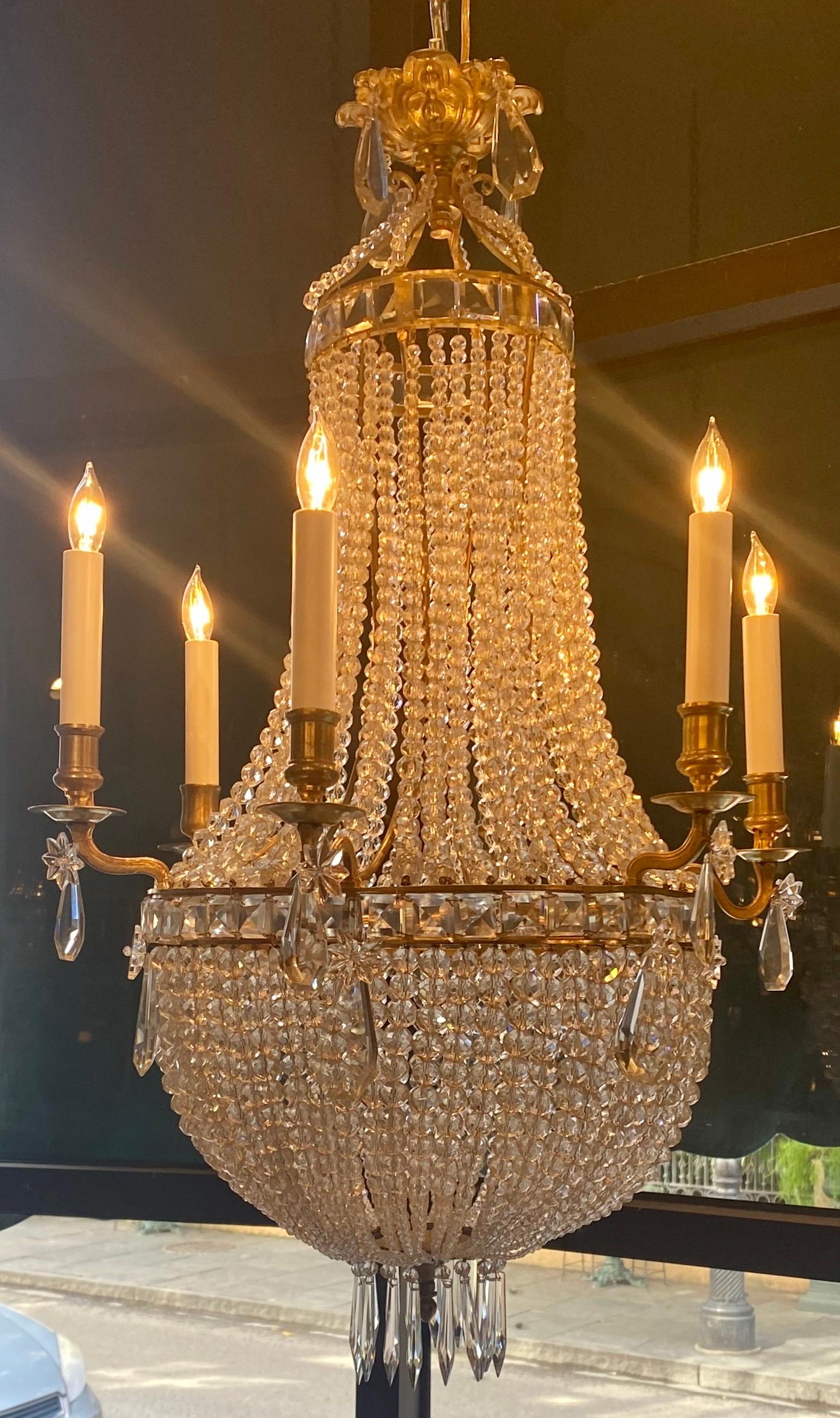Antique French gold bronze and Baccarat beaded chandelier, circa 1890s.
CHC313.