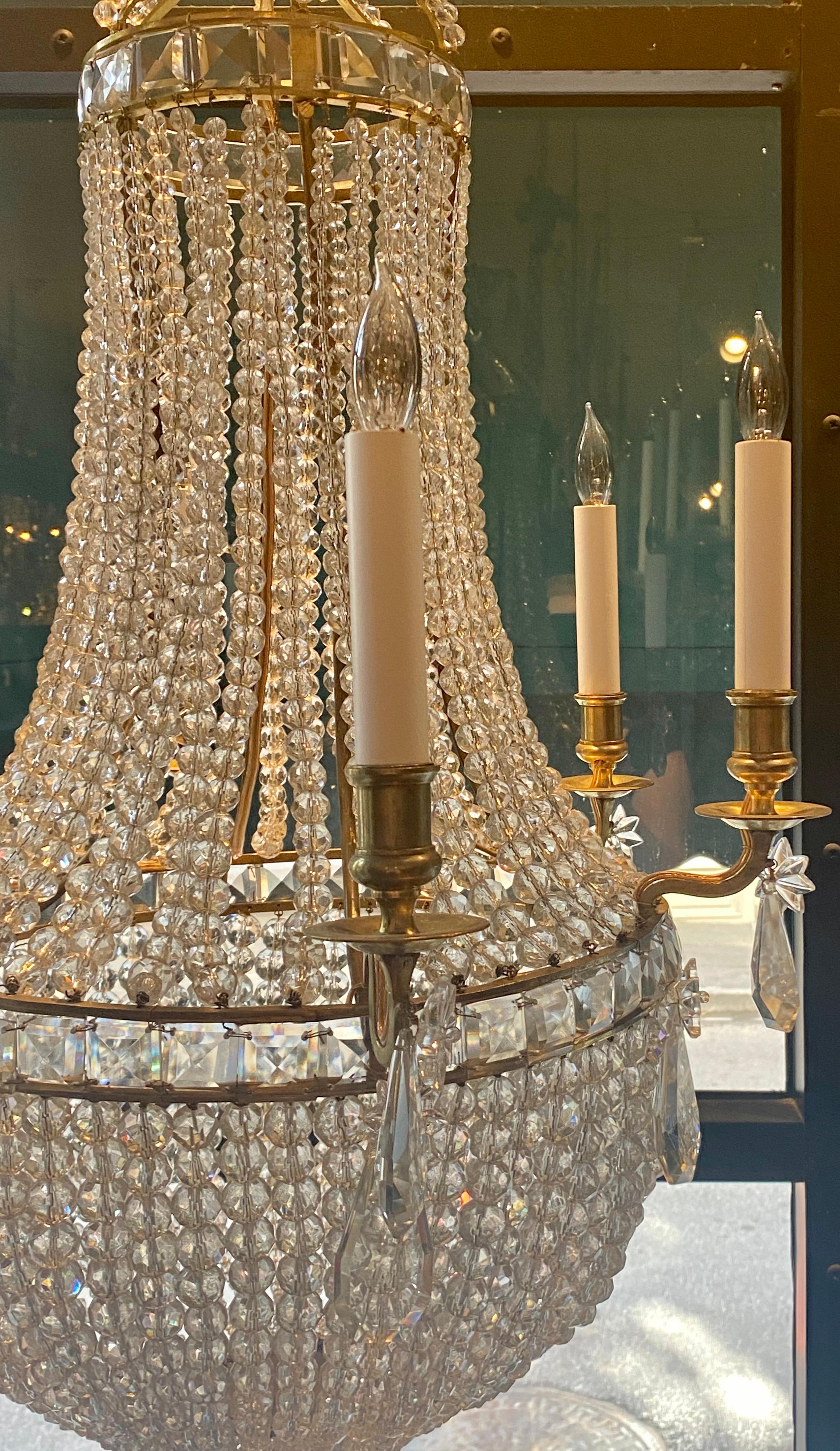 Antique French Gold Bronze and Baccarat Beaded Chandelier, circa 1890s In Good Condition In New Orleans, LA