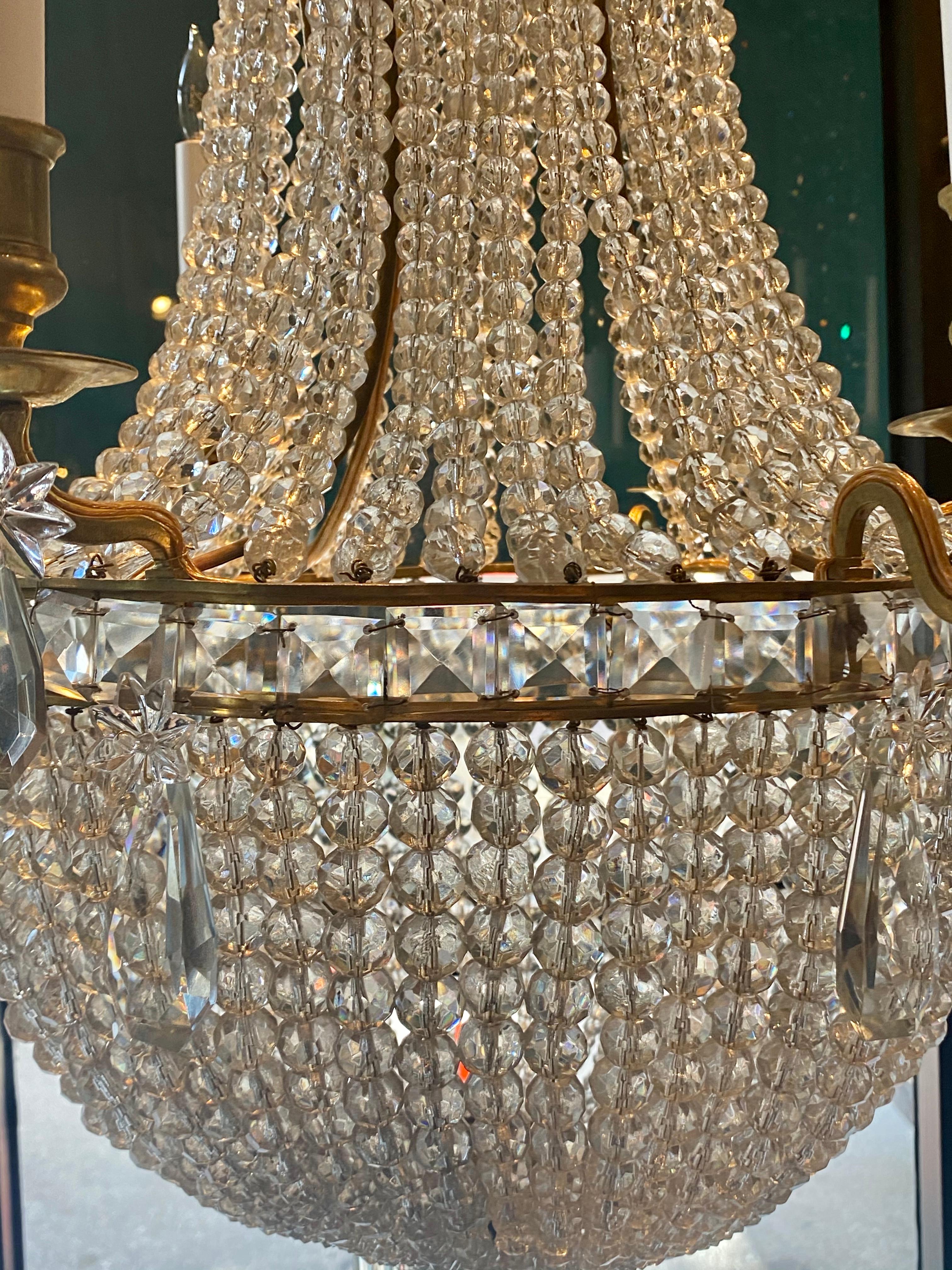19th Century Antique French Gold Bronze and Baccarat Beaded Chandelier, circa 1890s