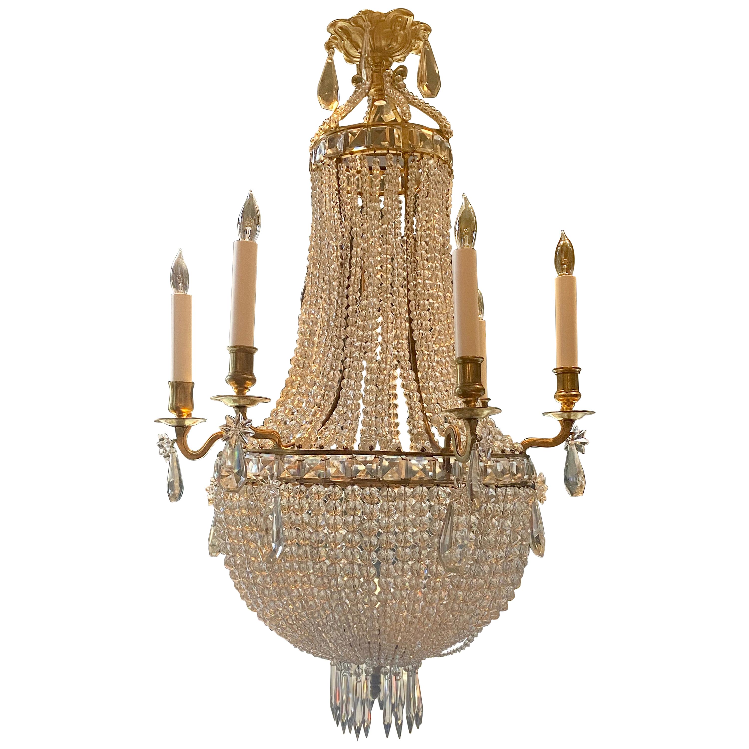 Antique French Gold Bronze and Baccarat Beaded Chandelier, circa 1890s