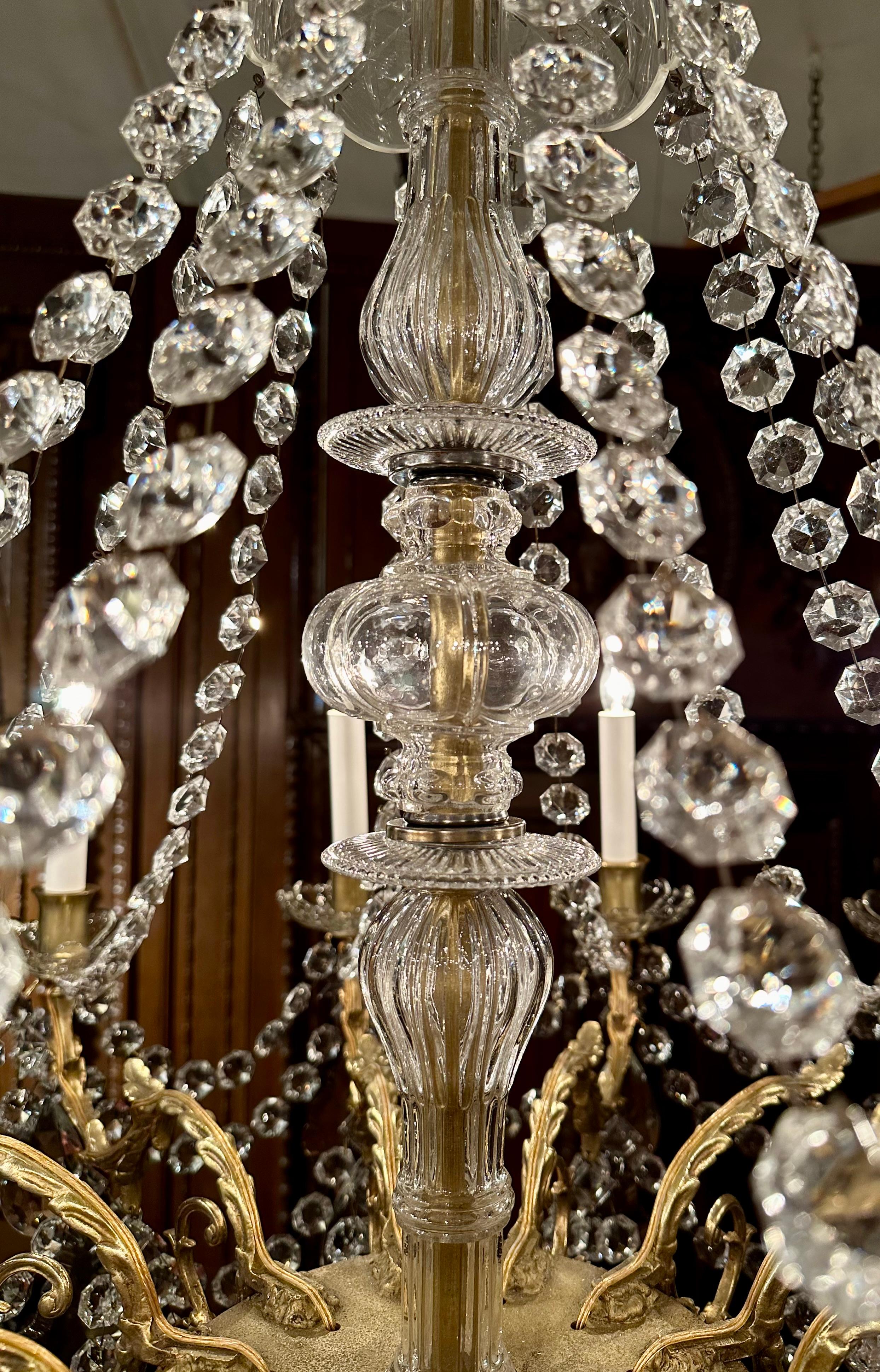 19th Century Antique French Gold Bronze and Baccarat Crystal 12 Light Chandelier, Circa 1890.