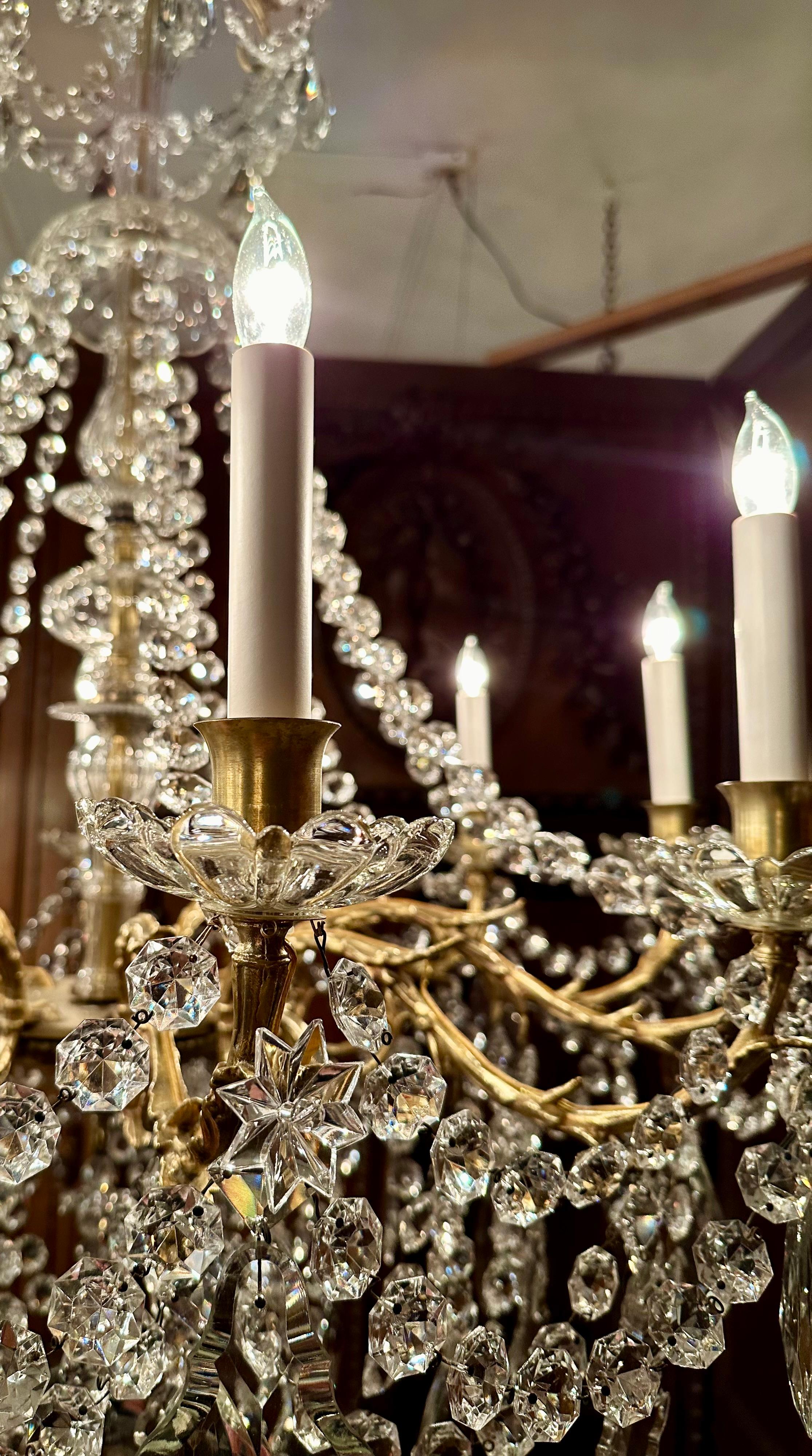 Antique French Gold Bronze and Baccarat Crystal 12 Light Chandelier, Circa 1890. 1