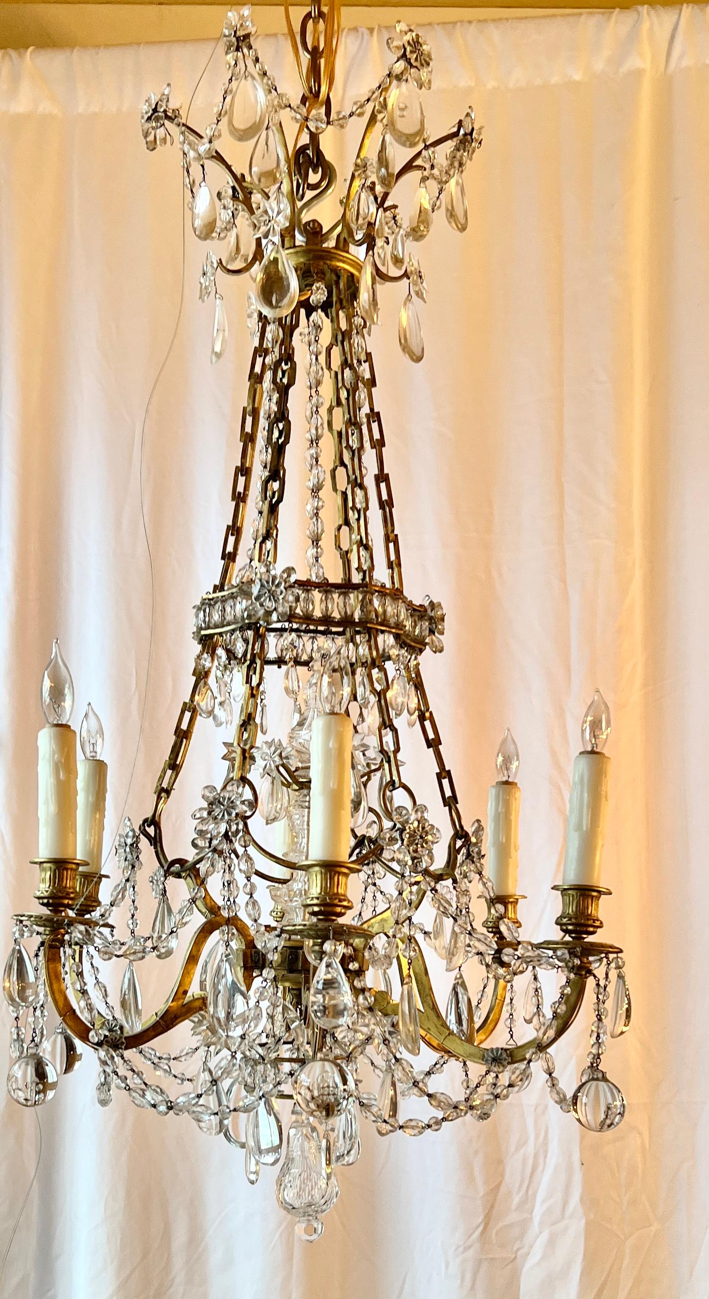 Antique French Gold Bronze and Baccarat Crystal Heavily Draped 6 Light Chandelier, Circa 1900.