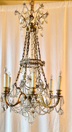 Antique French Gold Bronze and Baccarat Crystal 6 Light Chandelier, Circa 1900.