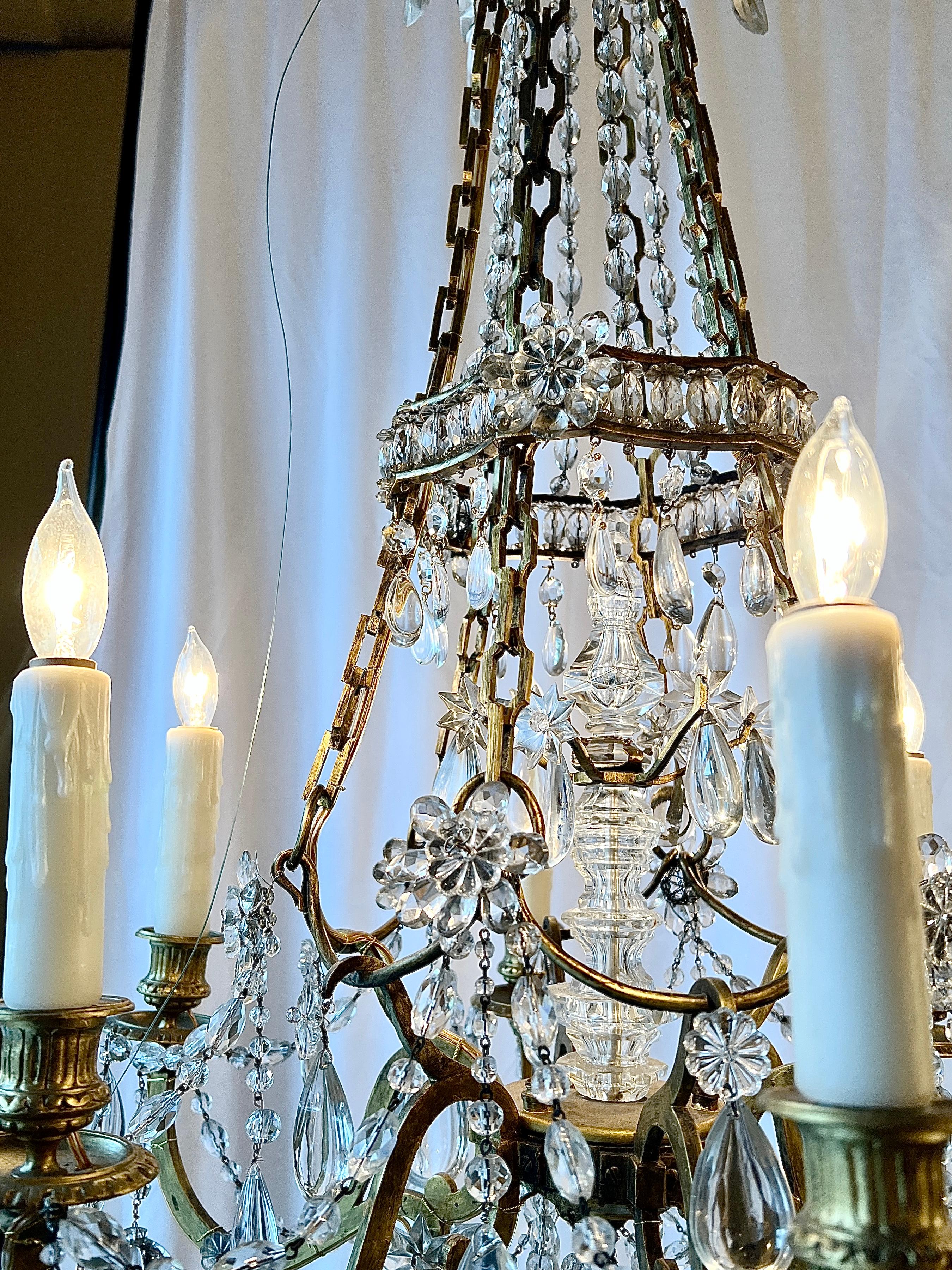 20th Century Antique French Gold Bronze and Baccarat Crystal 6 Light Chandelier, Circa 1900. For Sale