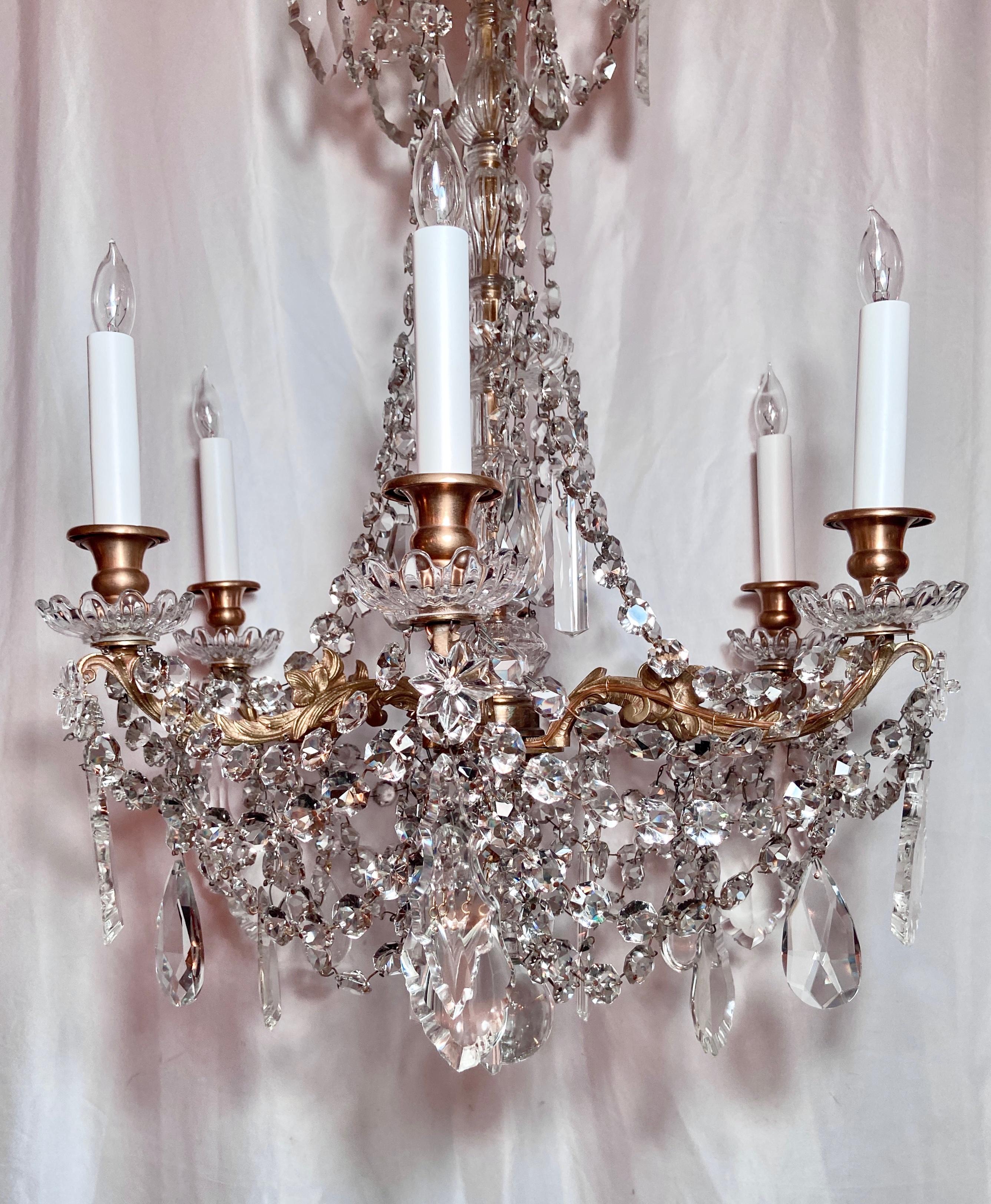 Antique French Gold Bronze and Baccarat Crystal Six Light Chandelier, Circa 1890 In Good Condition In New Orleans, LA