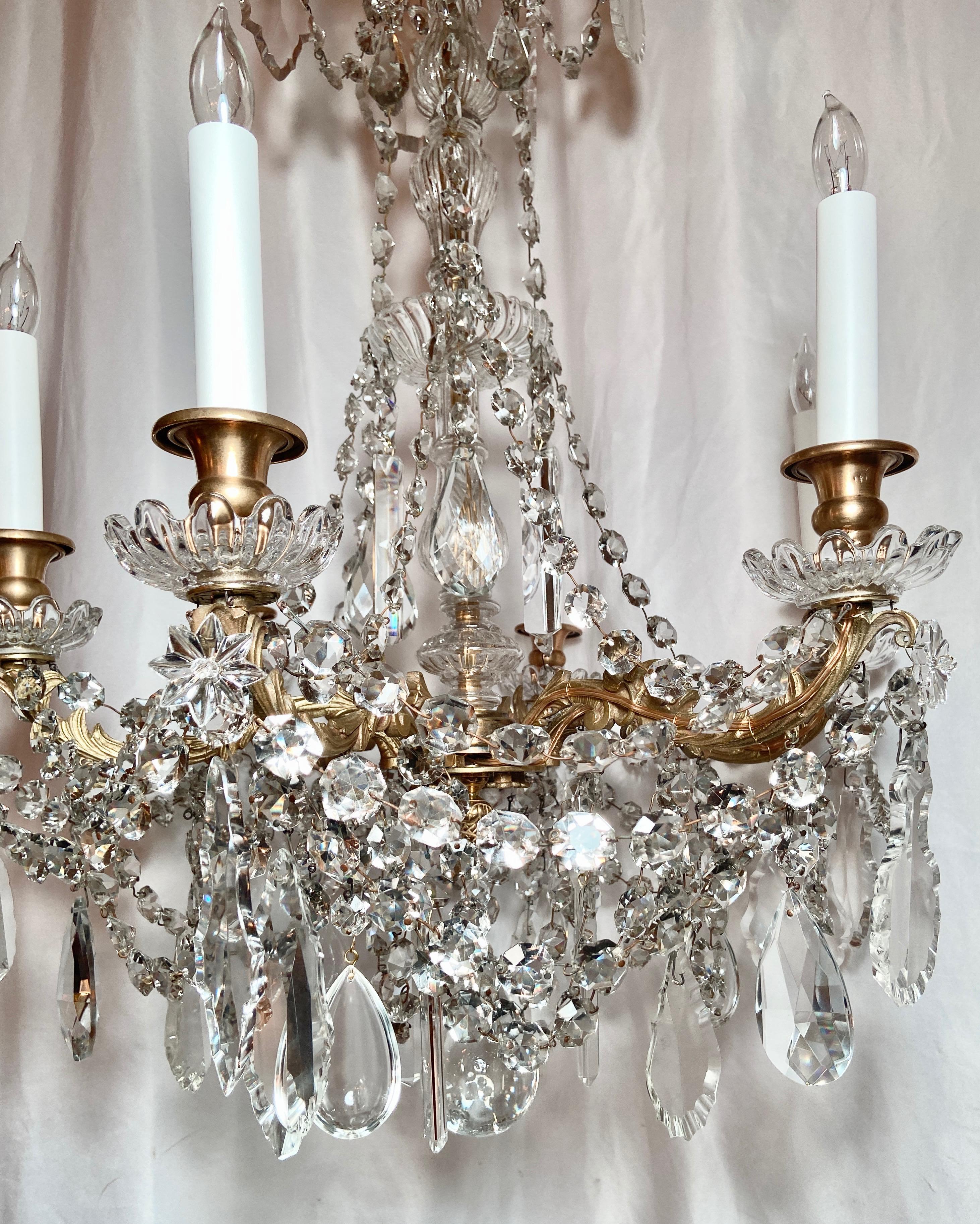 Late 19th Century Antique French Gold Bronze and Baccarat Crystal Six Light Chandelier, Circa 1890