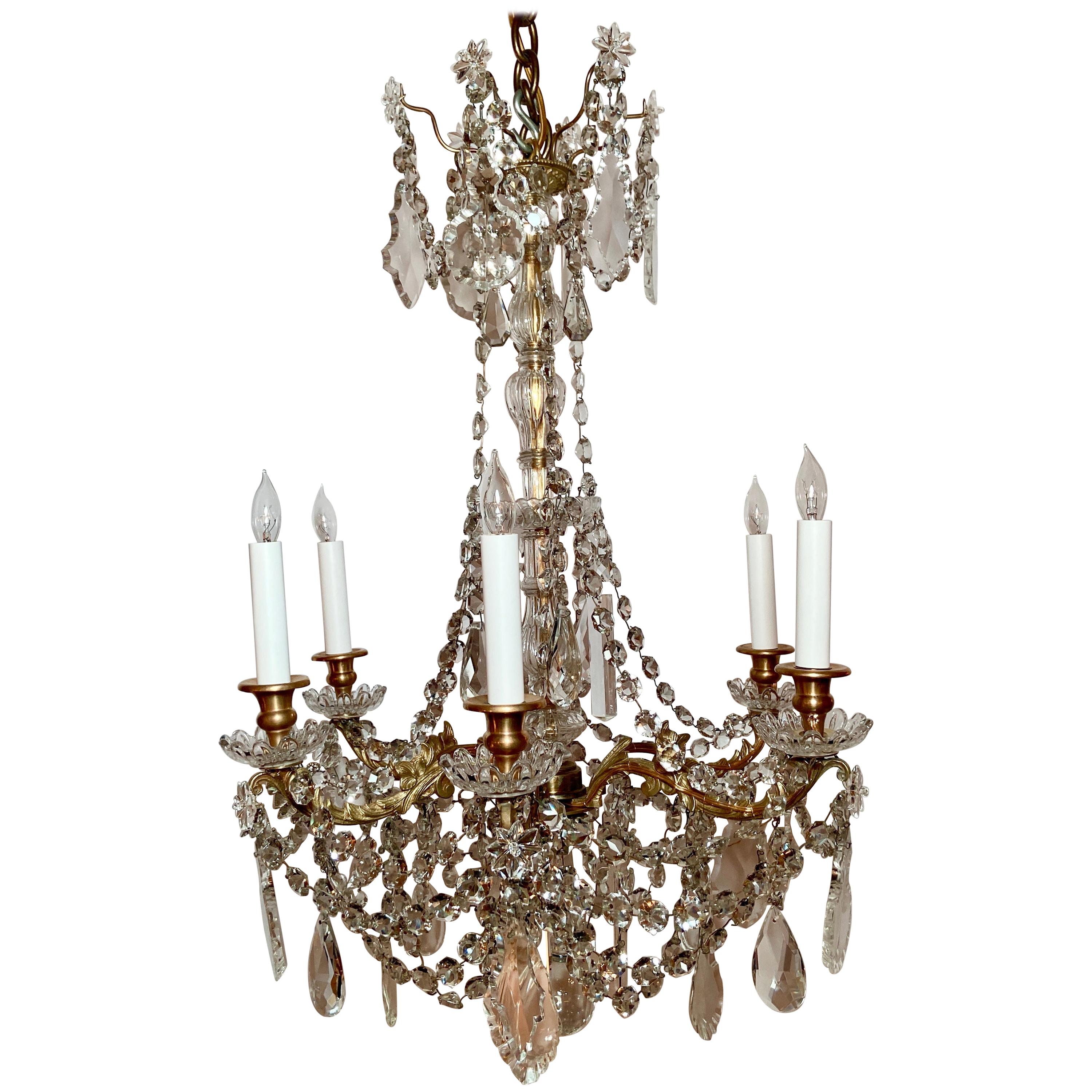Antique French Gold Bronze and Baccarat Crystal Six Light Chandelier, Circa 1890