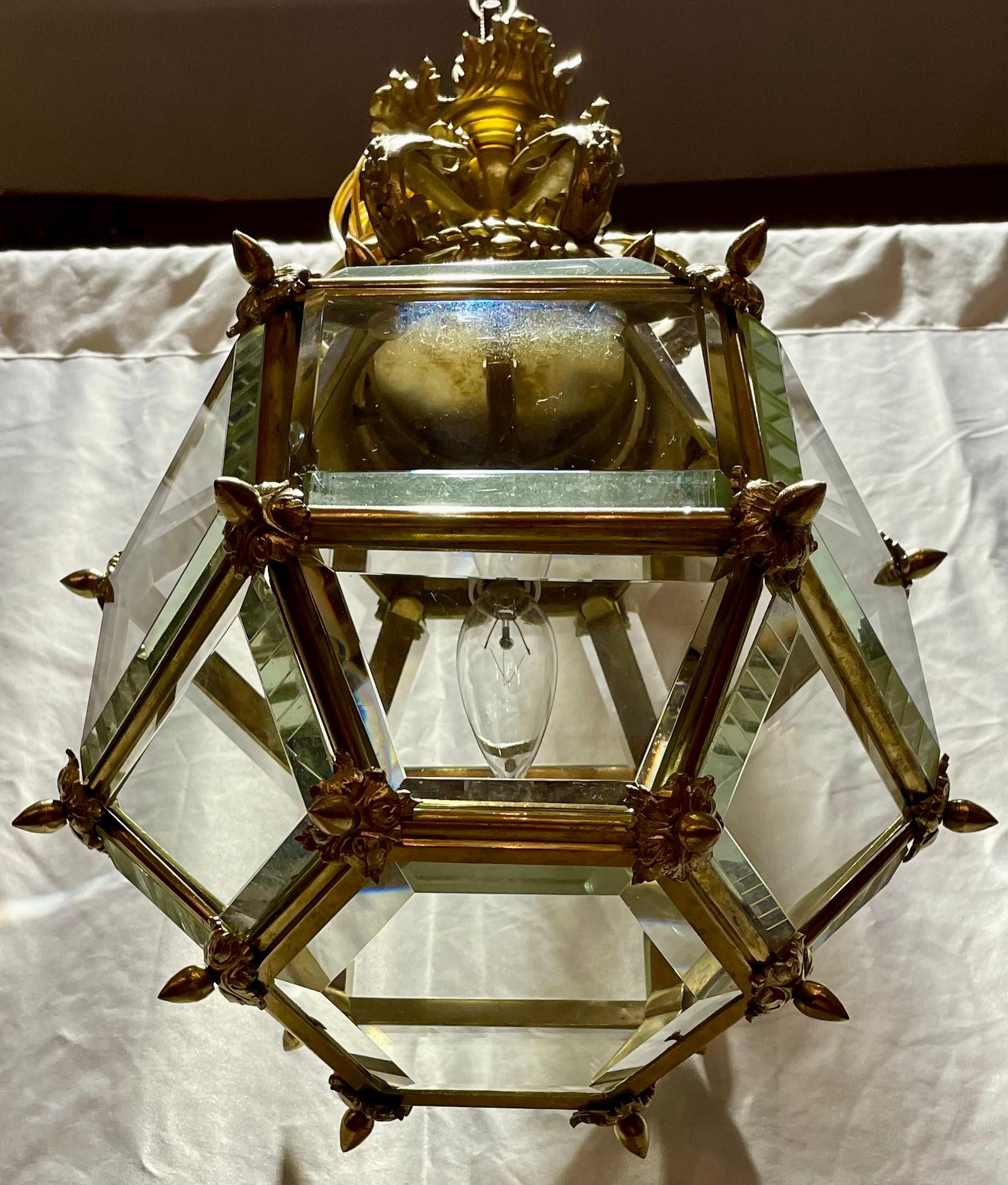 19th Century Antique French Gold Bronze and Beveled Glass Chateau Lantern, Circa 1890. For Sale