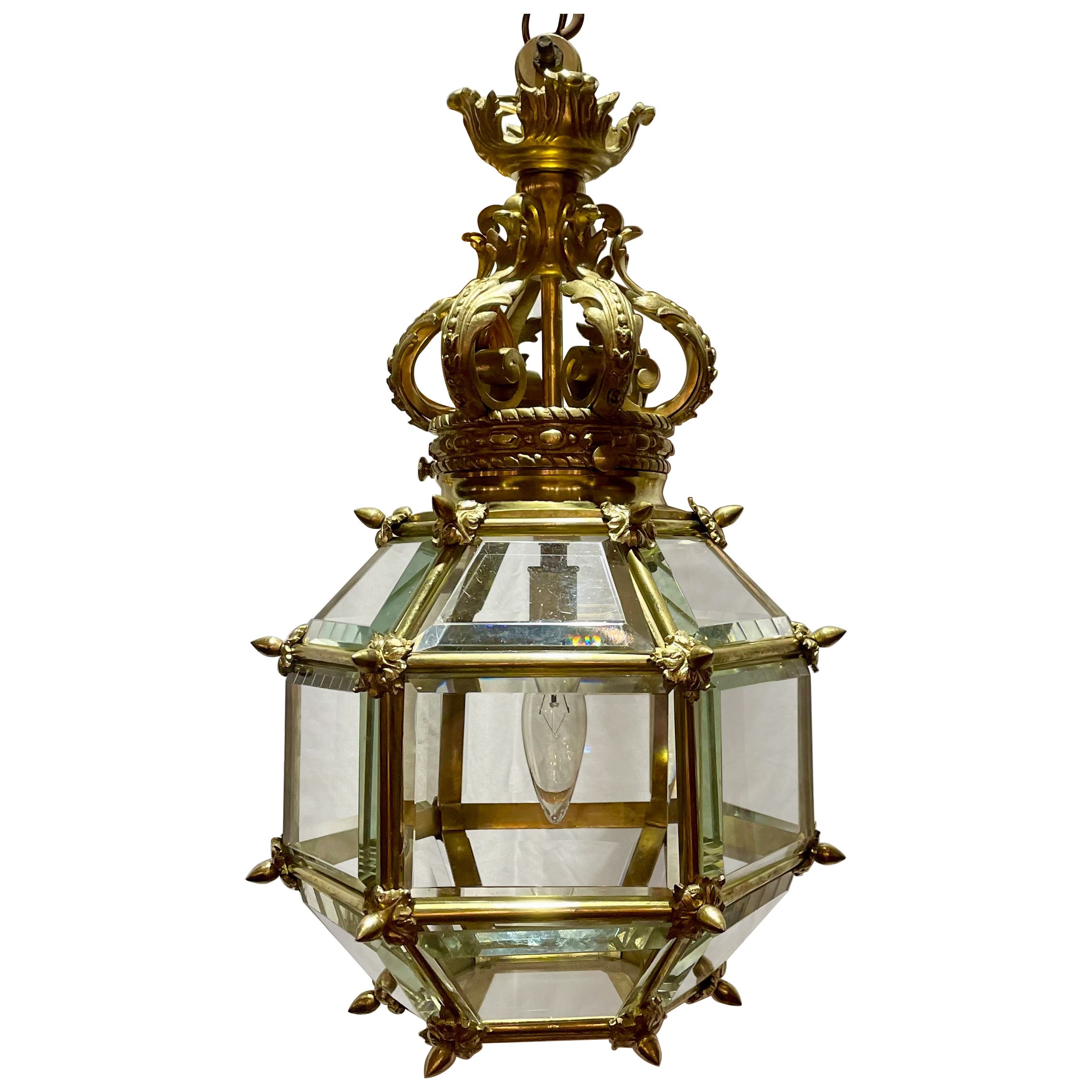 Antique French Gold Bronze and Beveled Glass Chateau Lantern, Circa 1890. For Sale