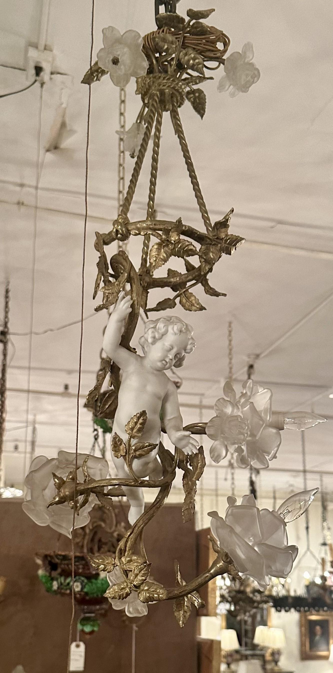 Antique French Gold Bronze and Bisque Porcelain Cherub Chandelier, Circa 1895. For Sale 3