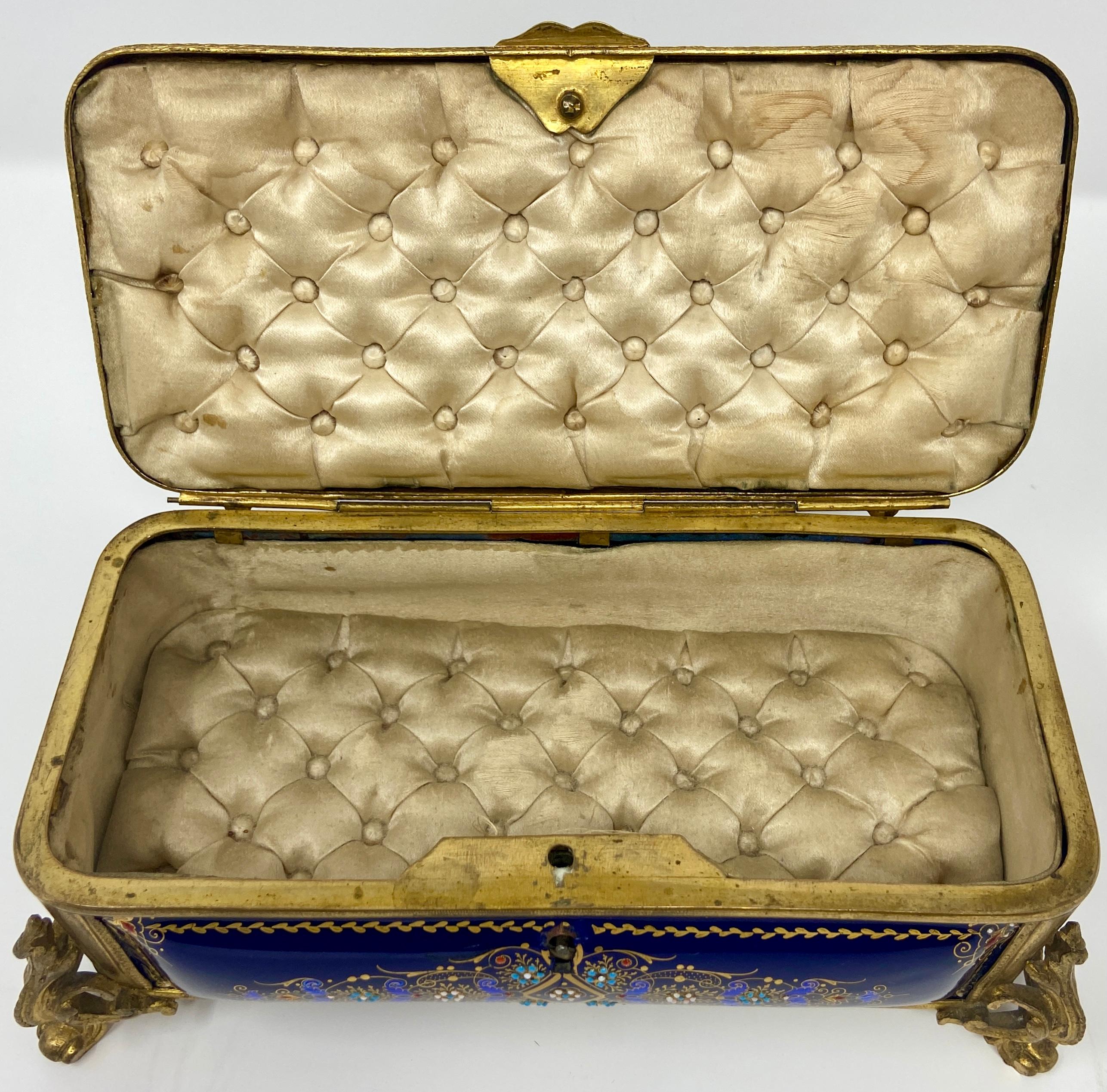 Belle Époque Antique French Gold Bronze and Blue Enameled Porcelain Jewel Box, Circa 1880s.