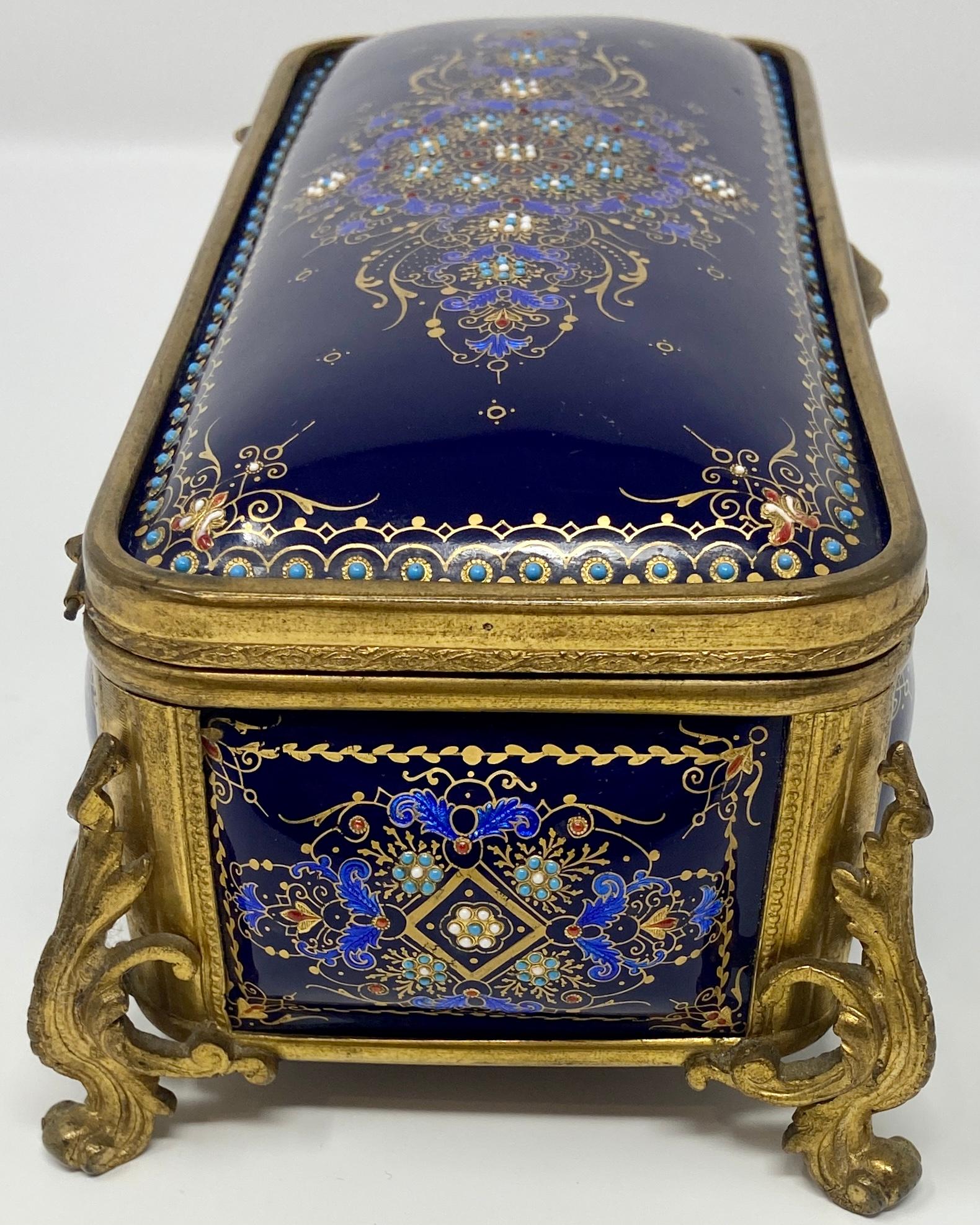 19th Century Antique French Gold Bronze and Blue Enameled Porcelain Jewel Box, Circa 1880s.
