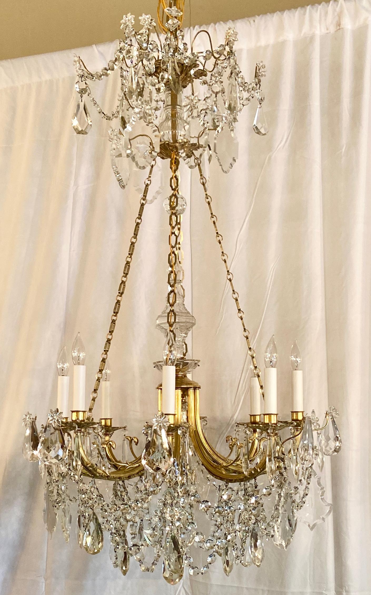 Antique French gold bronze and crystal chandelier, Circa 1890s.