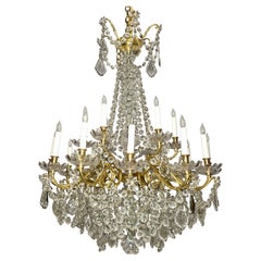 Antique French Gold Bronze and Cut Crystal 18-Light Chandelier