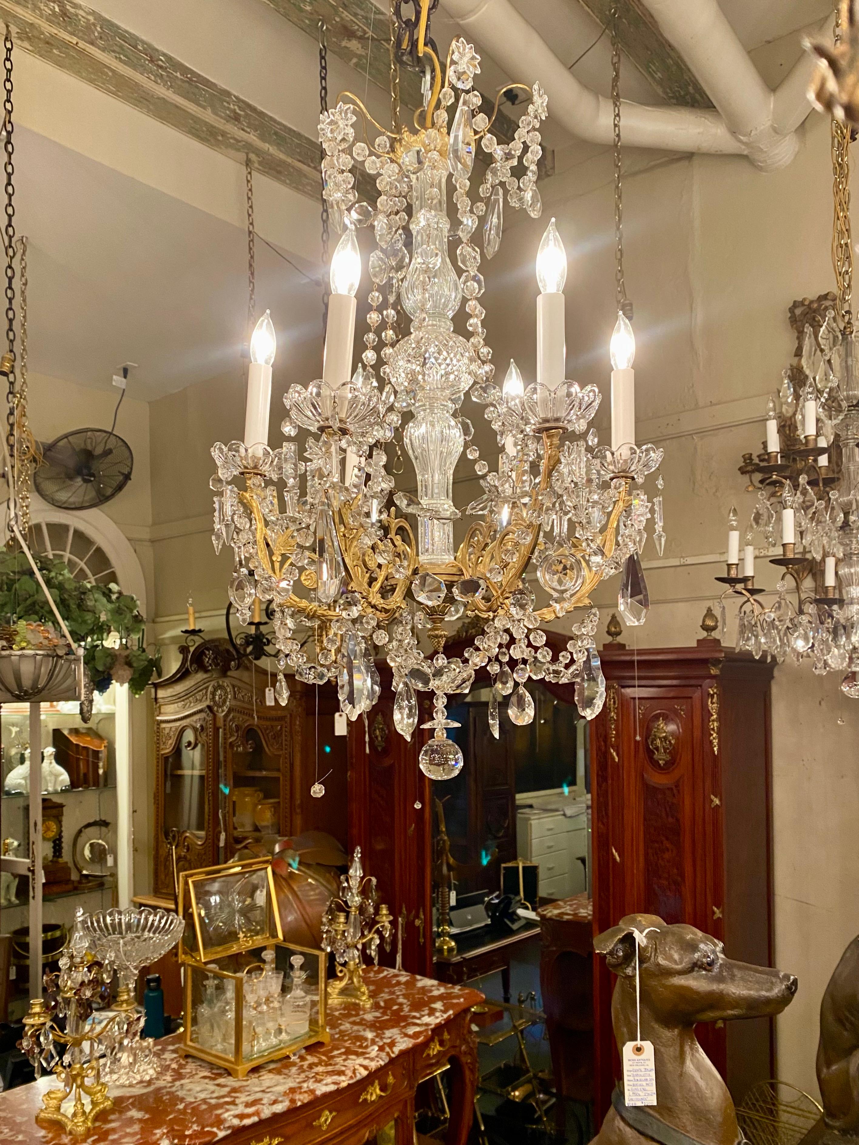 Antique French Gold Bronze and Cut Crystal 6-Light Chandelier, circa 1890 5