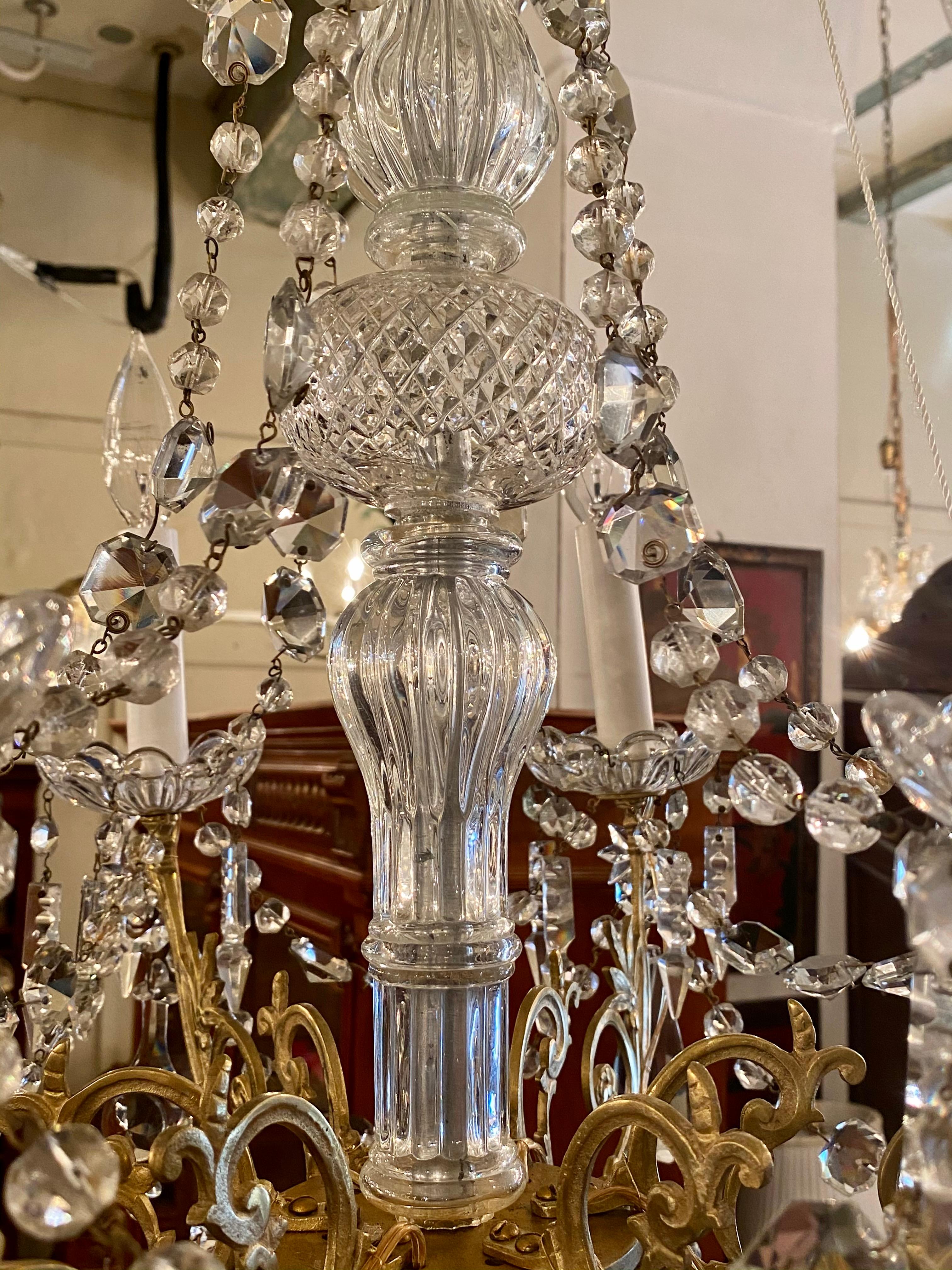 19th Century Antique French Gold Bronze and Cut Crystal 6-Light Chandelier, circa 1890