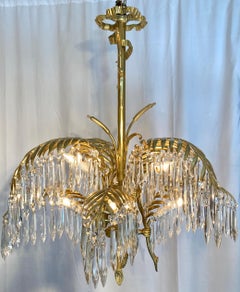 Antiker französischer Palmenkronleuchter aus Goldbronze und geschliffenem Kristall, um 1890