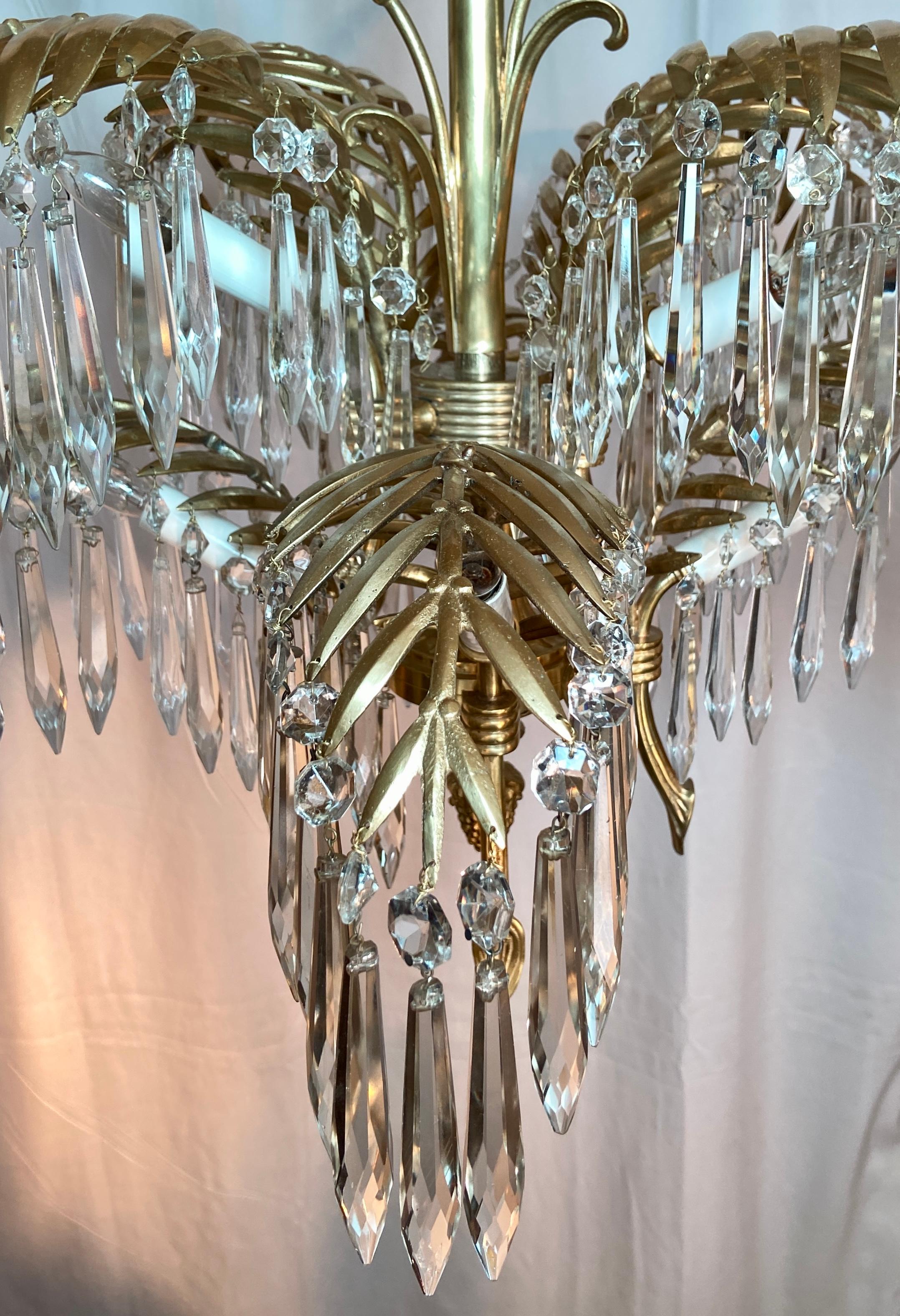 19th Century Antique French Gold Bronze and Cut Crystal Palm Chandelier, circa 1890