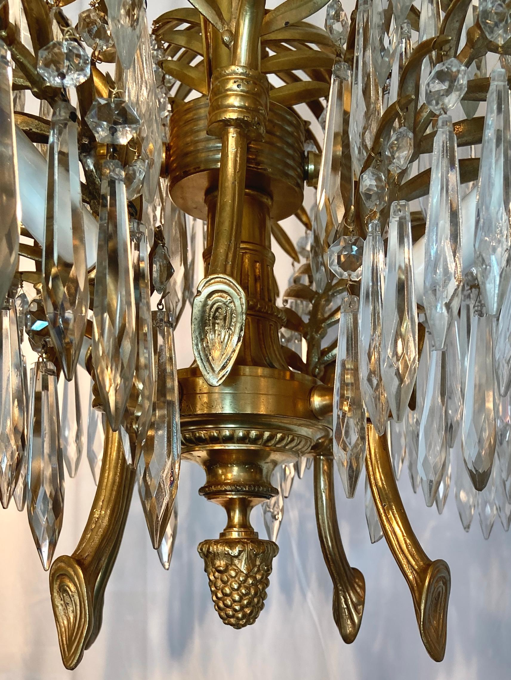 Antique French Gold Bronze and Cut Crystal Palm Chandelier, circa 1890 2