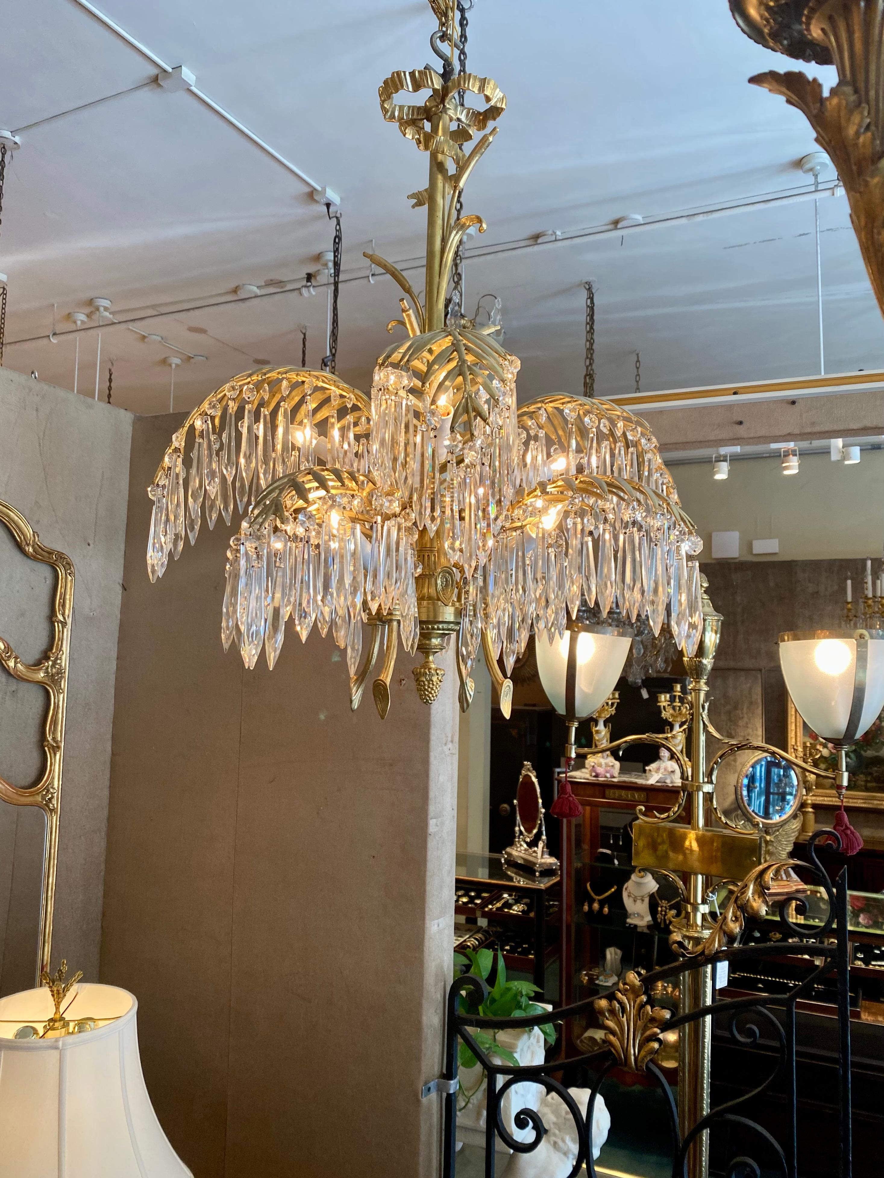 Antique French Gold Bronze and Cut Crystal Palm Chandelier, circa 1890 3