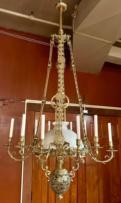 Antique French Gold Bronze and Glass Suspension Oil Lamp Chandelier, Circa 1860.