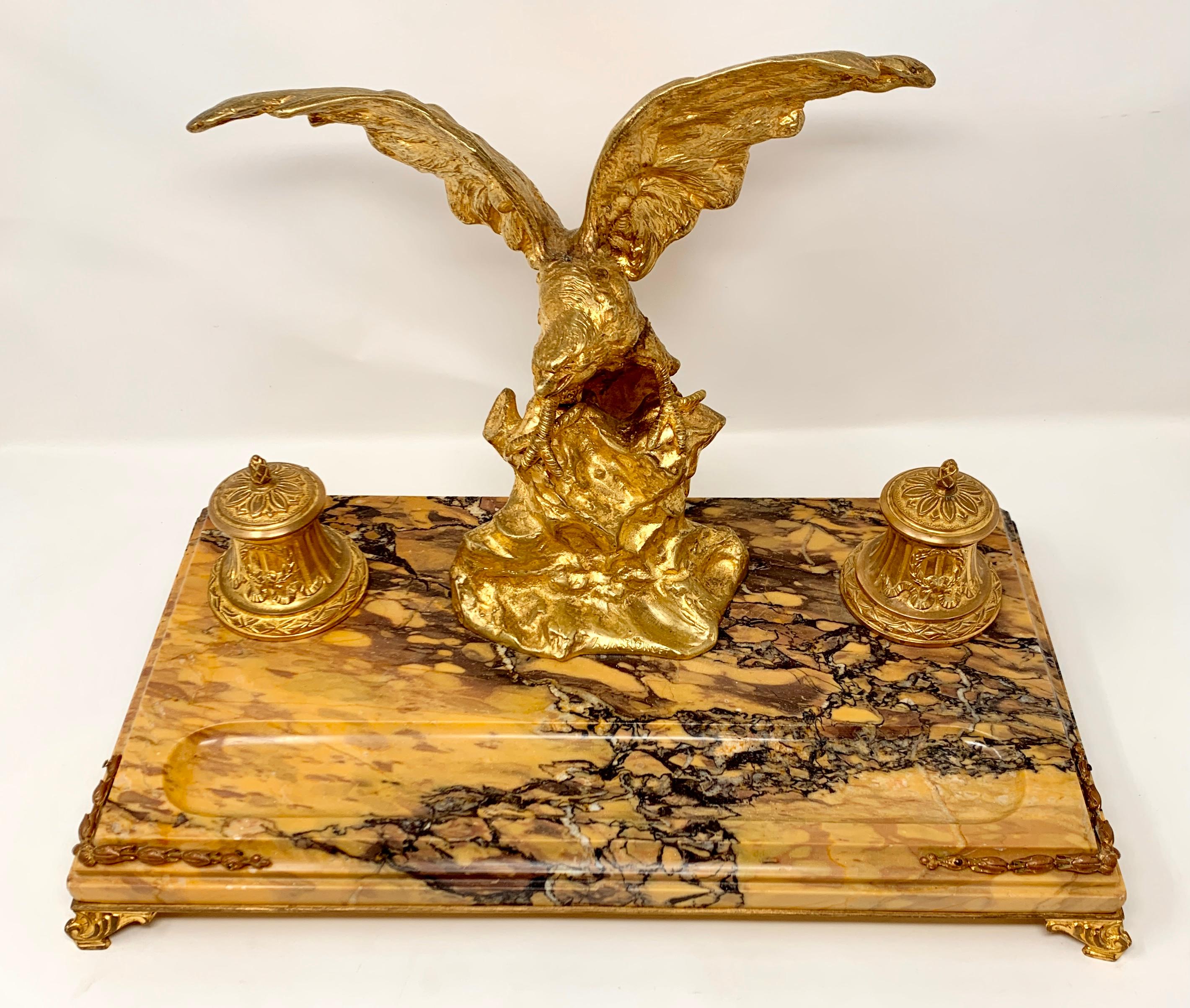 Antique French gold bronze and marble eagle inkstand, Circa 1880-1890.