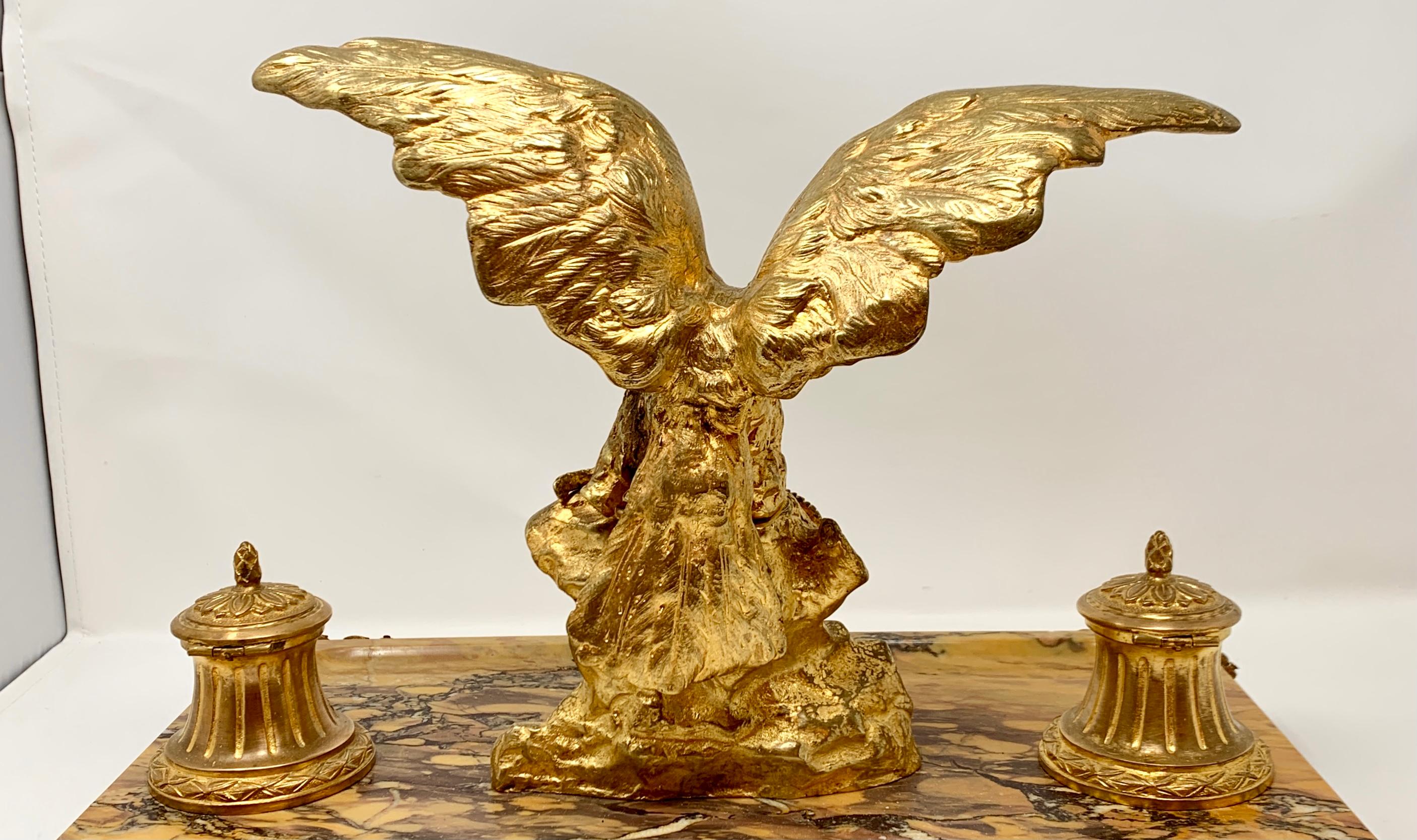 Late 19th Century Antique French Gold Bronze and Marble Eagle Inkstand, Circa 1880-1890