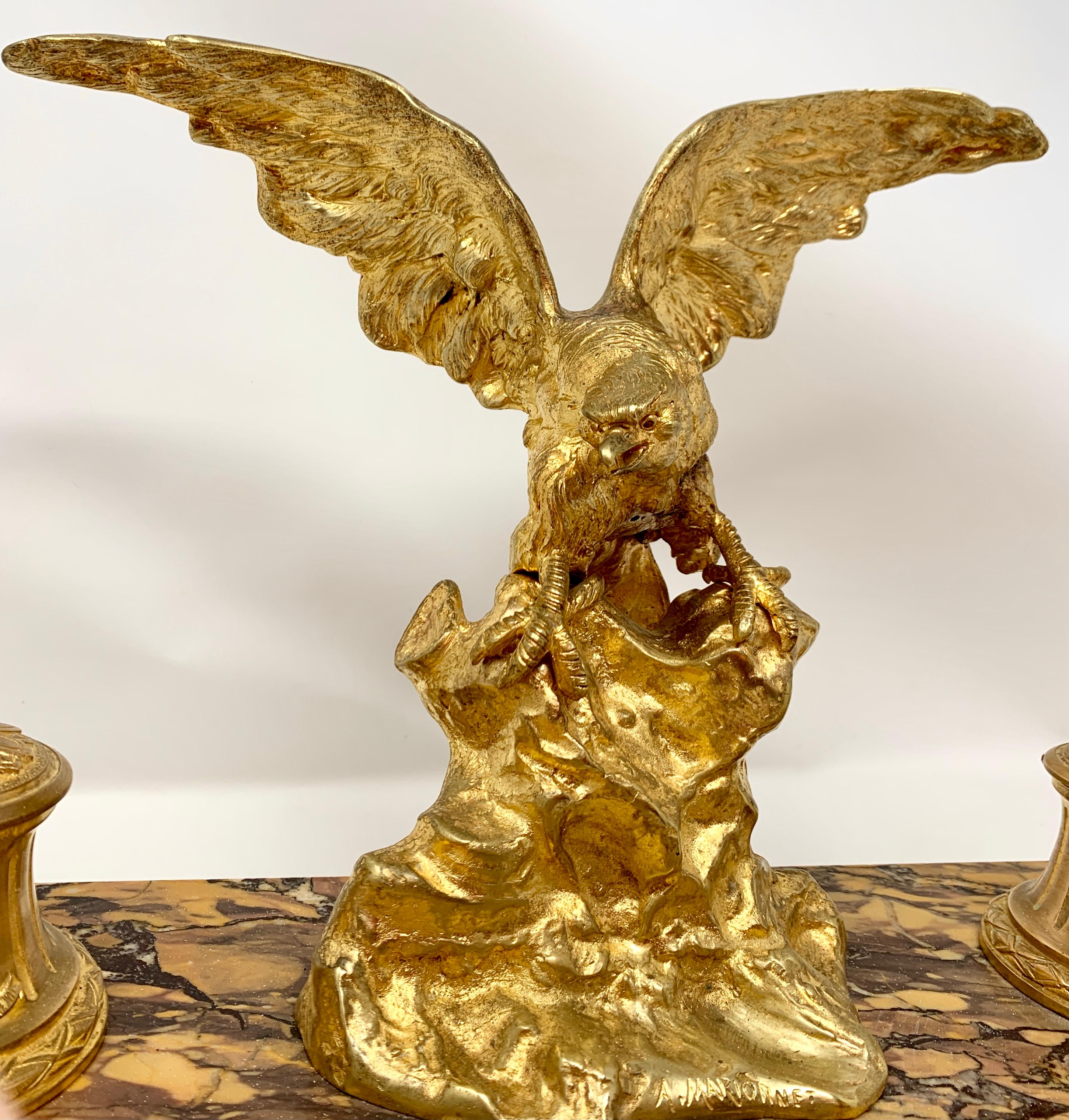 Antique French Gold Bronze and Marble Eagle Inkstand, Circa 1880-1890 1