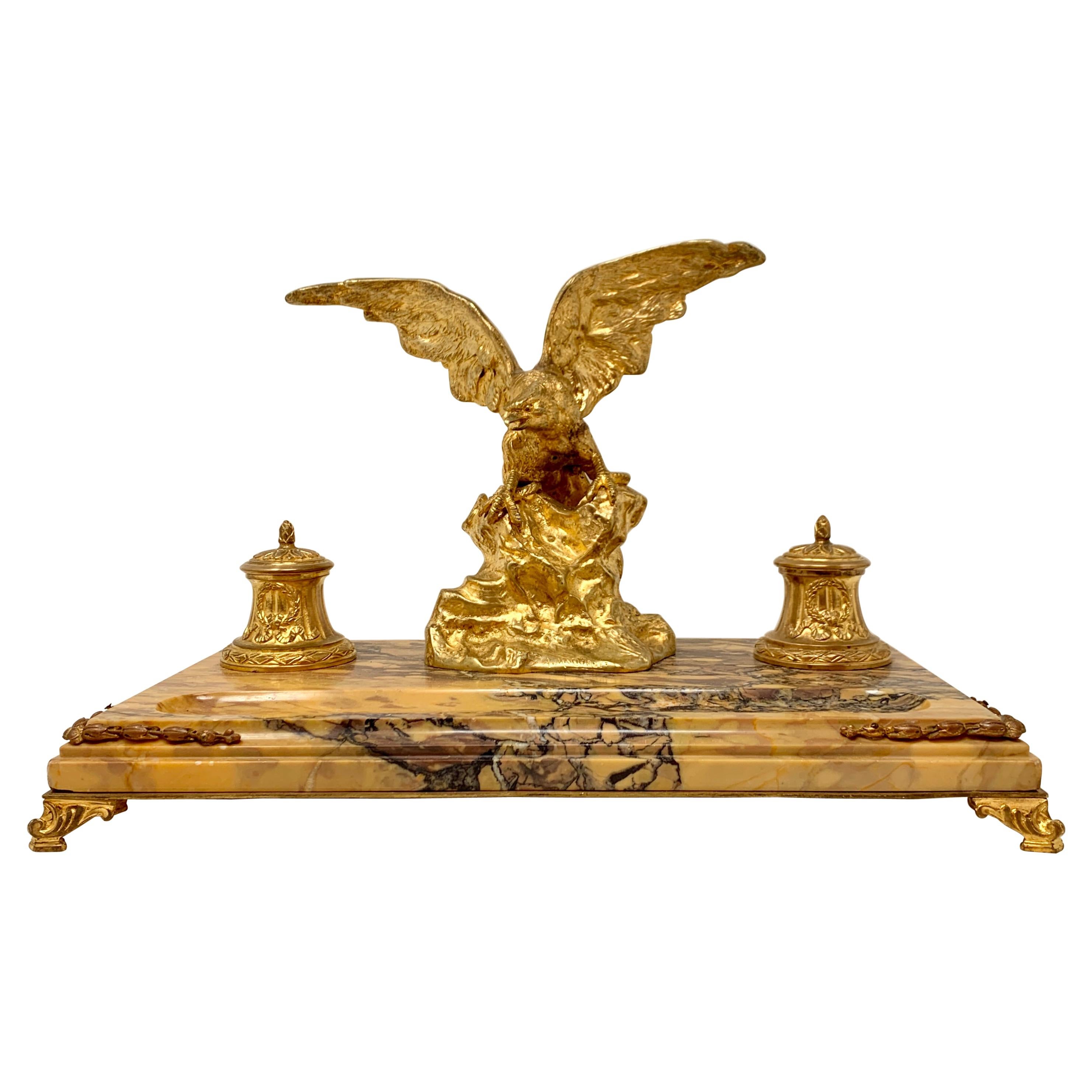 Antique French Gold Bronze and Marble Eagle Inkstand, Circa 1880-1890