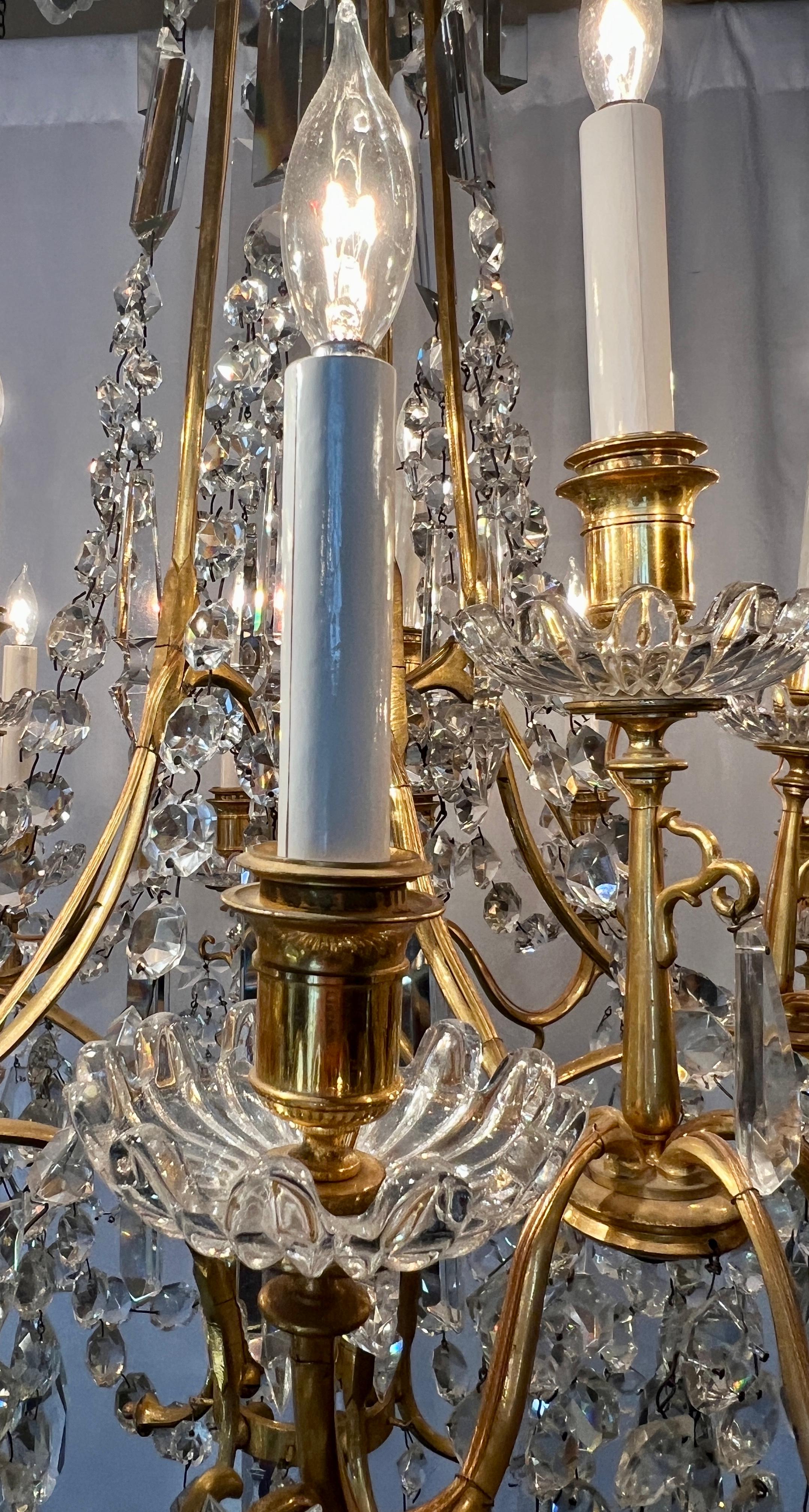 19th Century Antique French Gold Bronze & Baccarat Crystal Chandelier, Circa 1880-1890 For Sale