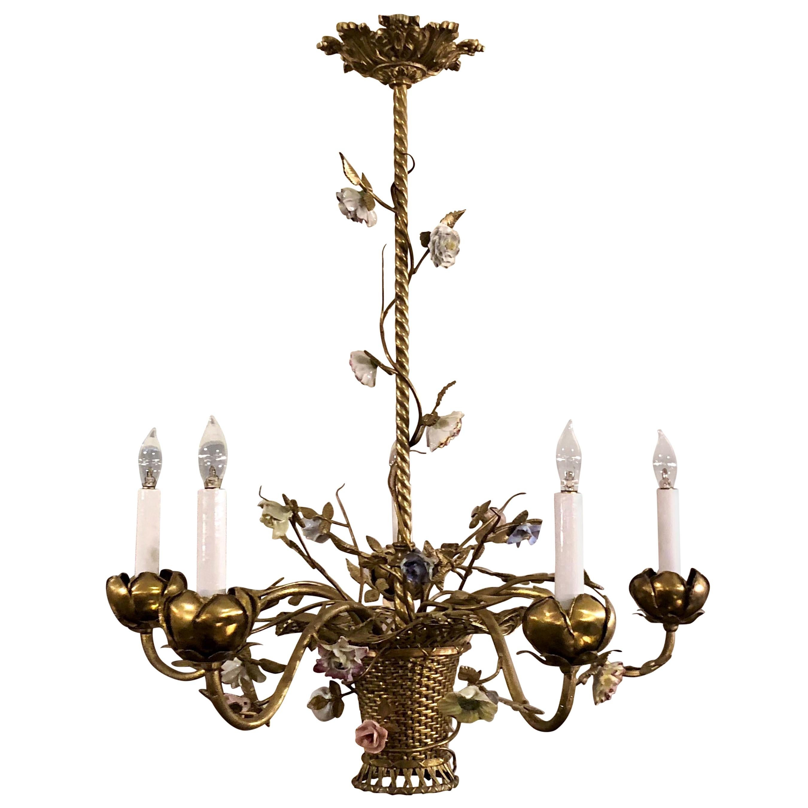 Antique French Gold Bronze Fixture with Saxe Porcelain Flowers circa 1890 For Sale