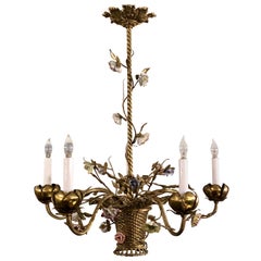 Antique French Gold Bronze Fixture with Saxe Porcelain Flowers circa 1890