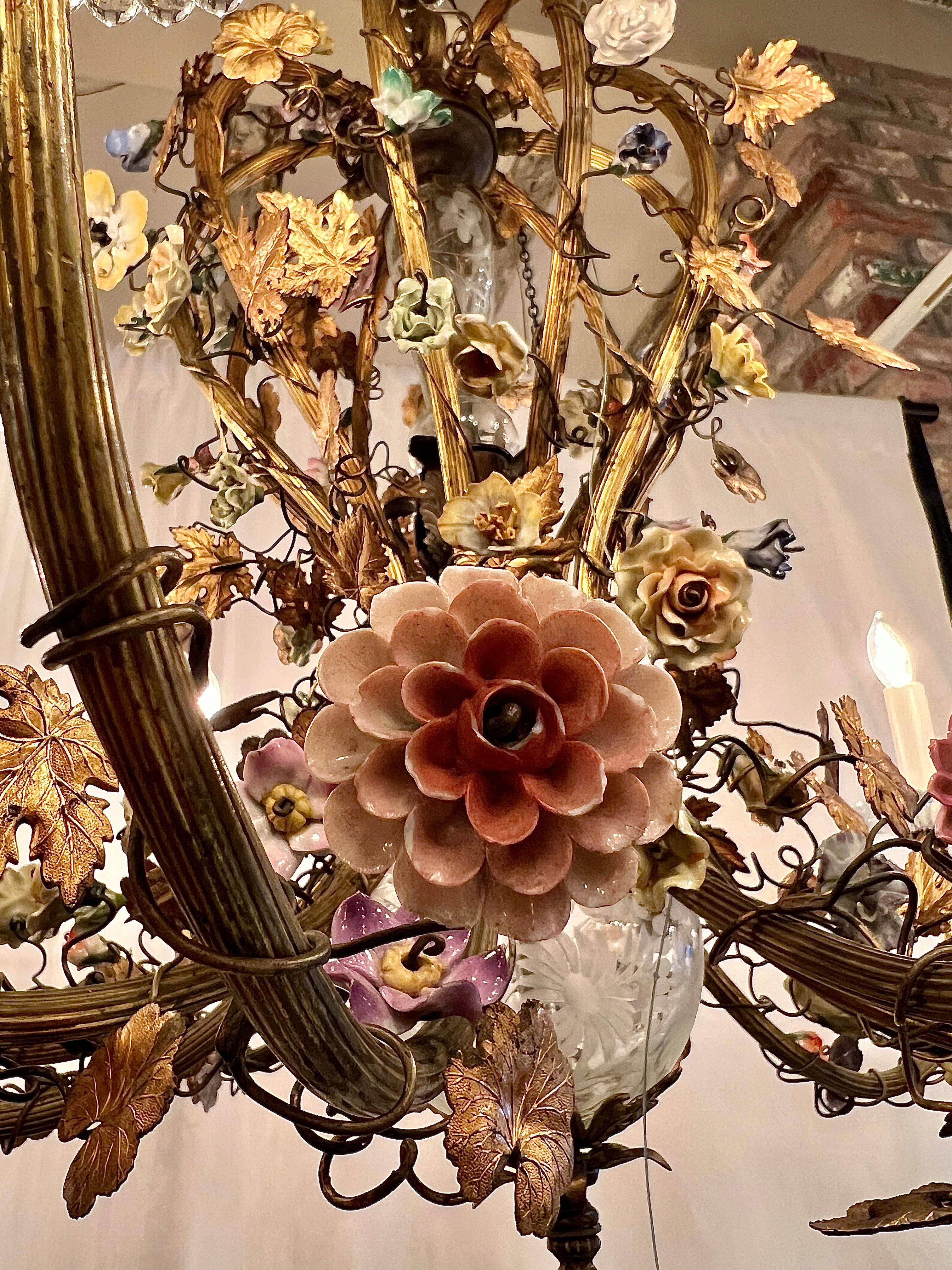 19th Century Antique French Gold Bronze Chandelier With Dresden Porcelain Flowers, Circa 1890 For Sale