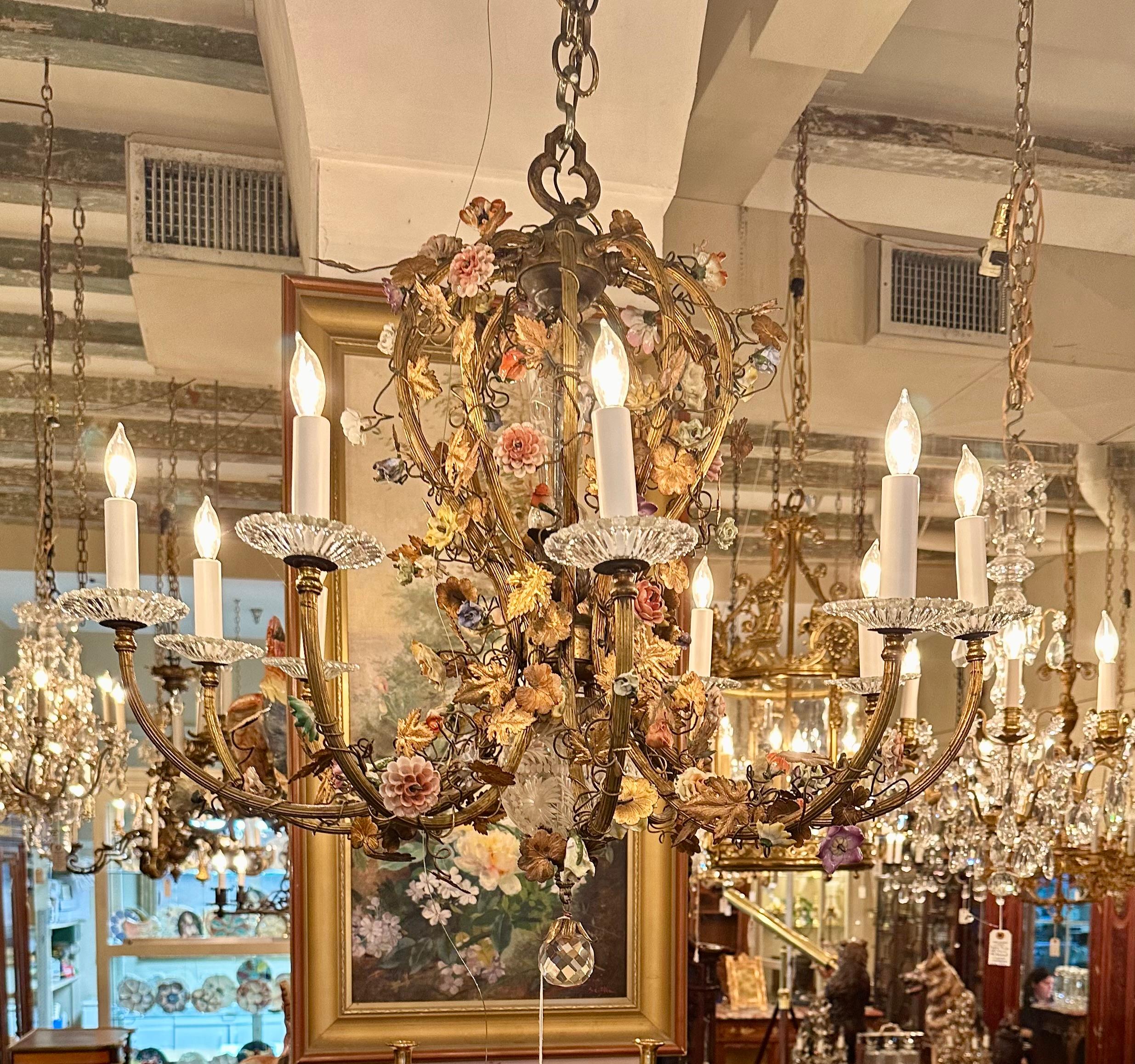 Antique French Gold Bronze Chandelier With Dresden Porcelain Flowers, Circa 1890 For Sale 2