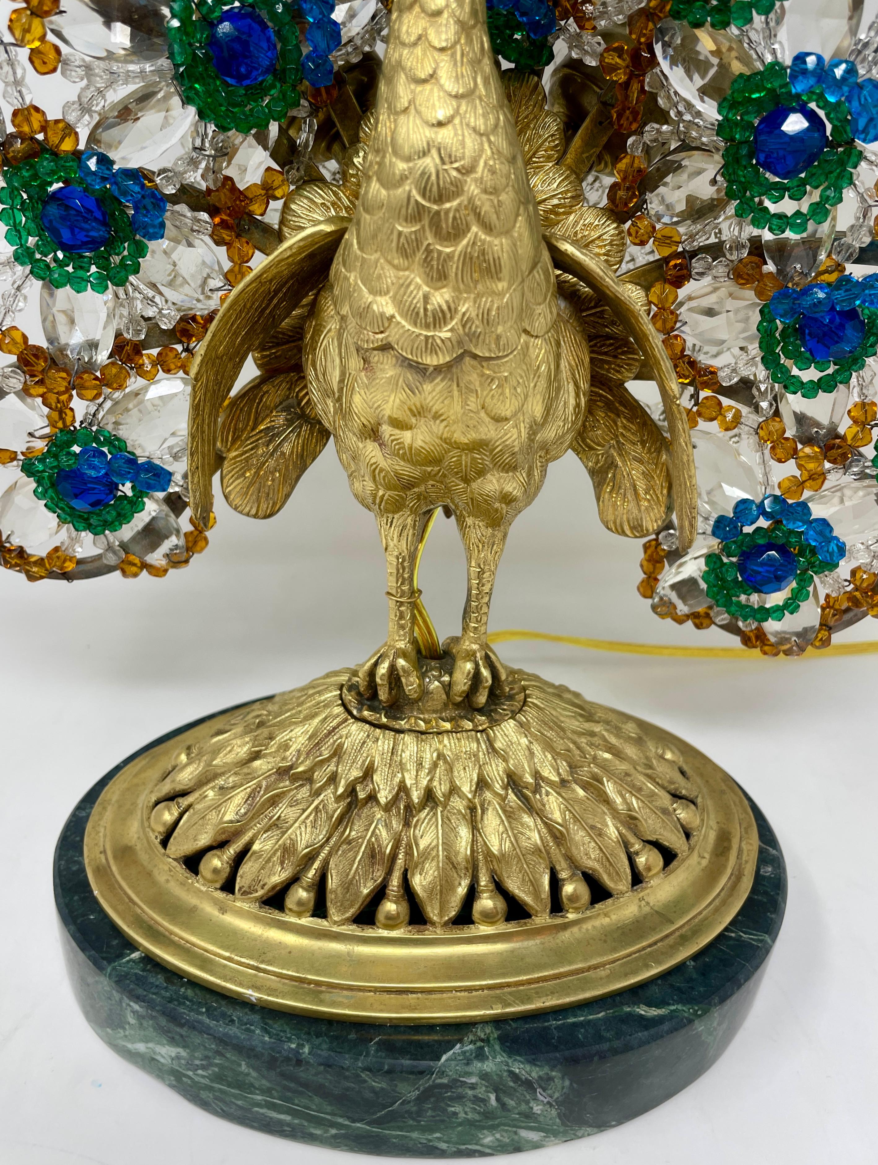 20th Century Antique French Gold Bronze & Colored Crystal Peacock Lamp on Marble Base Ca 1910
