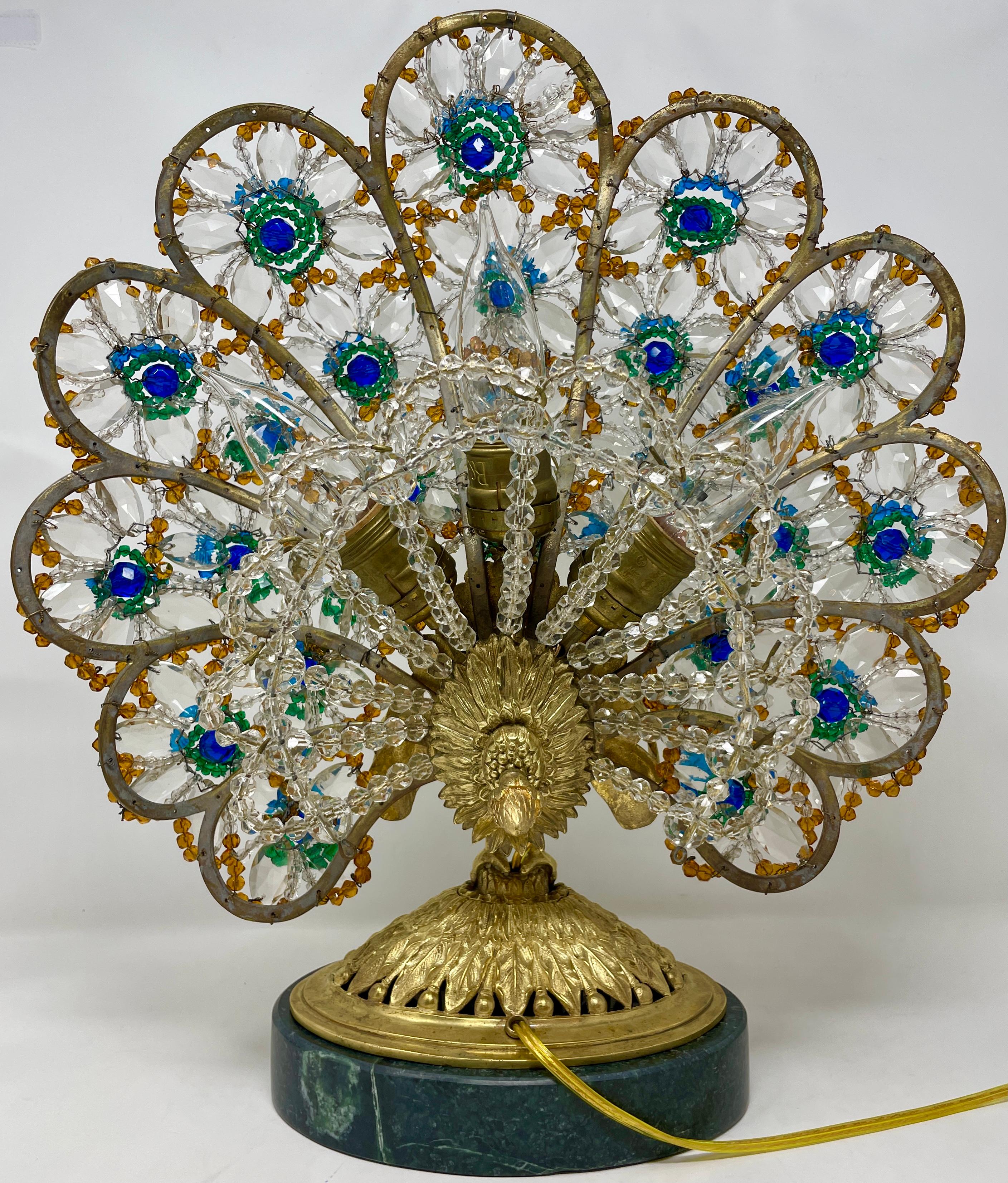 Antique French Gold Bronze & Colored Crystal Peacock Lamp on Marble Base Ca 1910 1