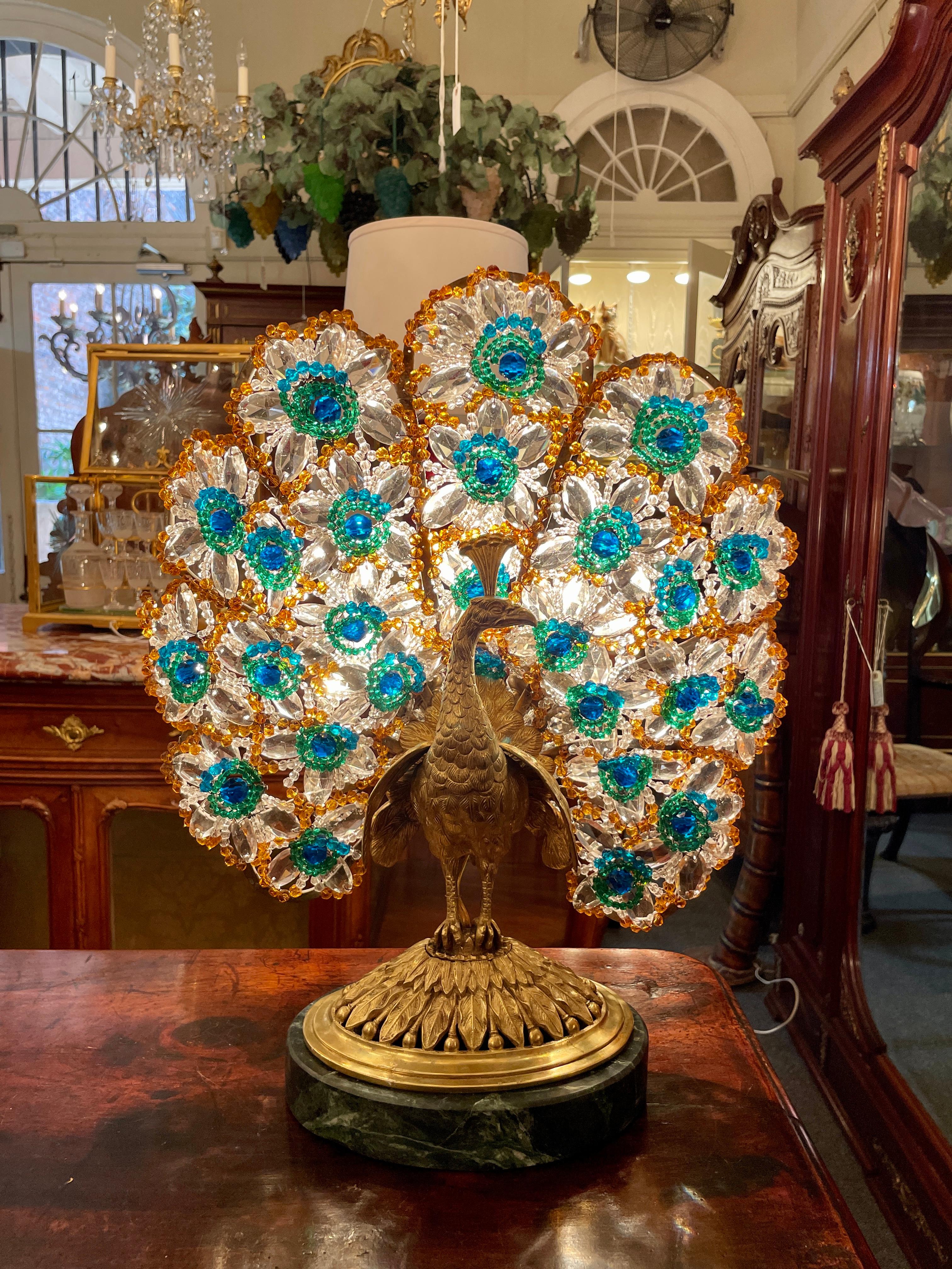 Antique French Gold Bronze & Colored Crystal Peacock Lamp on Marble Base Ca 1910 2