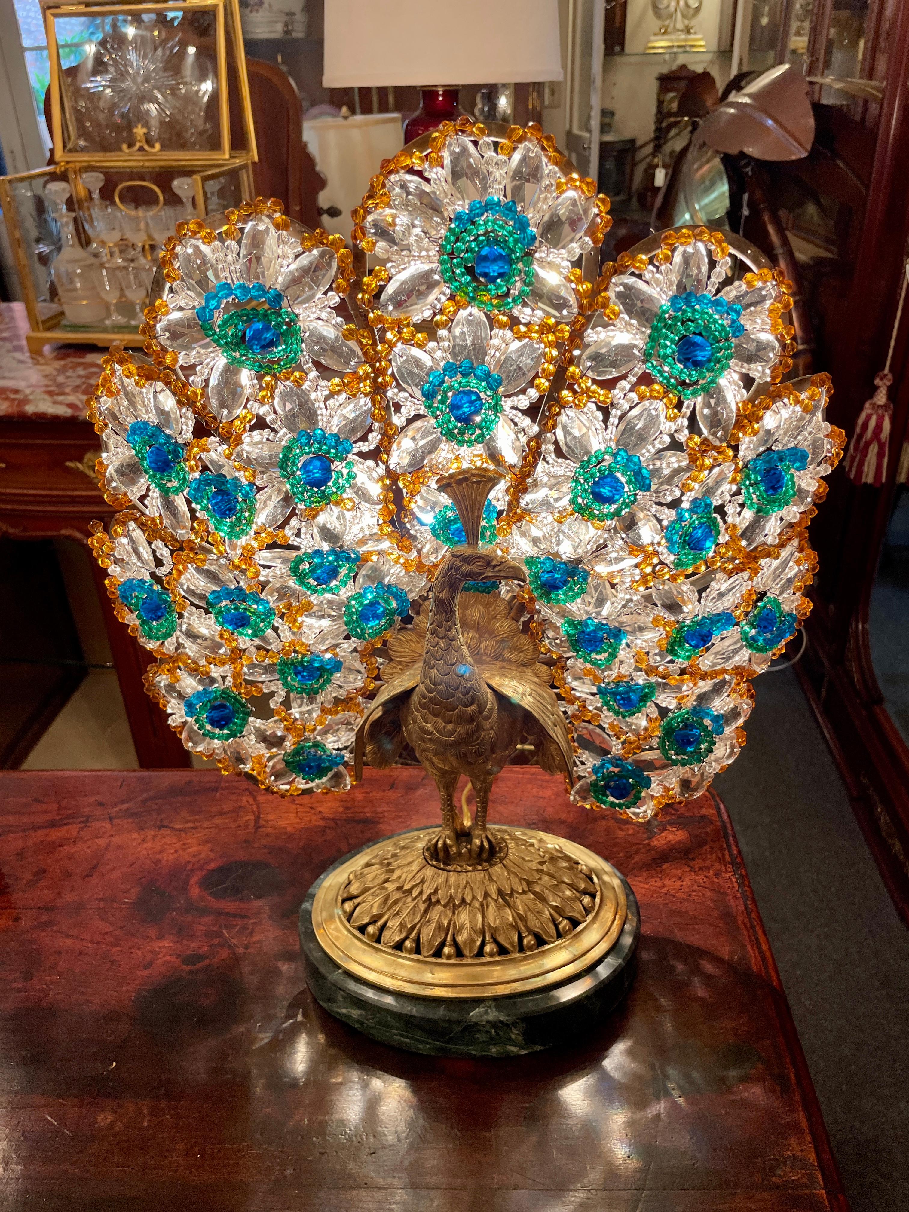 Antique French Gold Bronze & Colored Crystal Peacock Lamp on Marble Base Ca 1910 3
