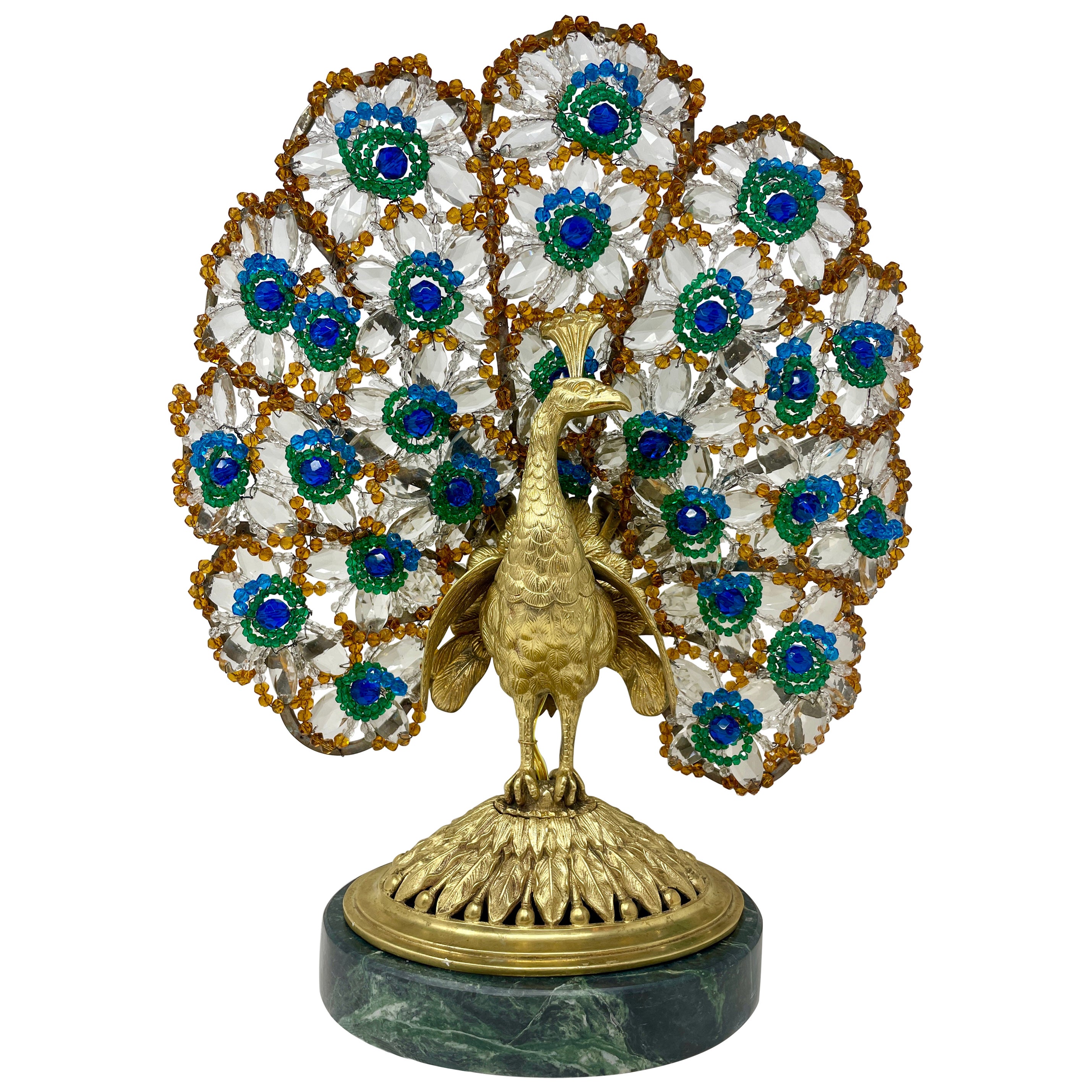 Antique French Gold Bronze 
Colored Crystal Peacock Lamp on Marble Base Ca 1910