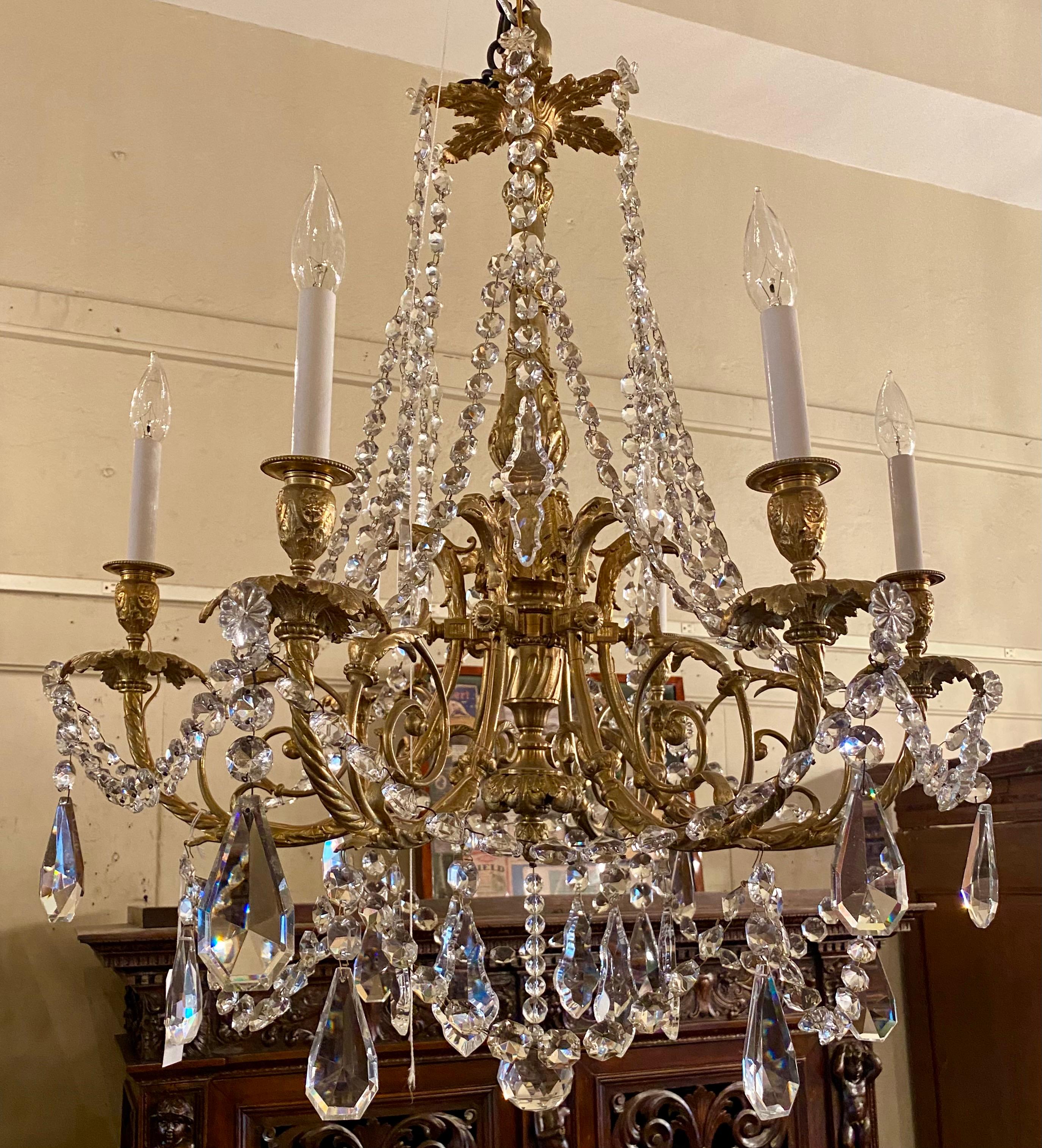 Antique French gold bronze crystal chandelier, Circa 1880.