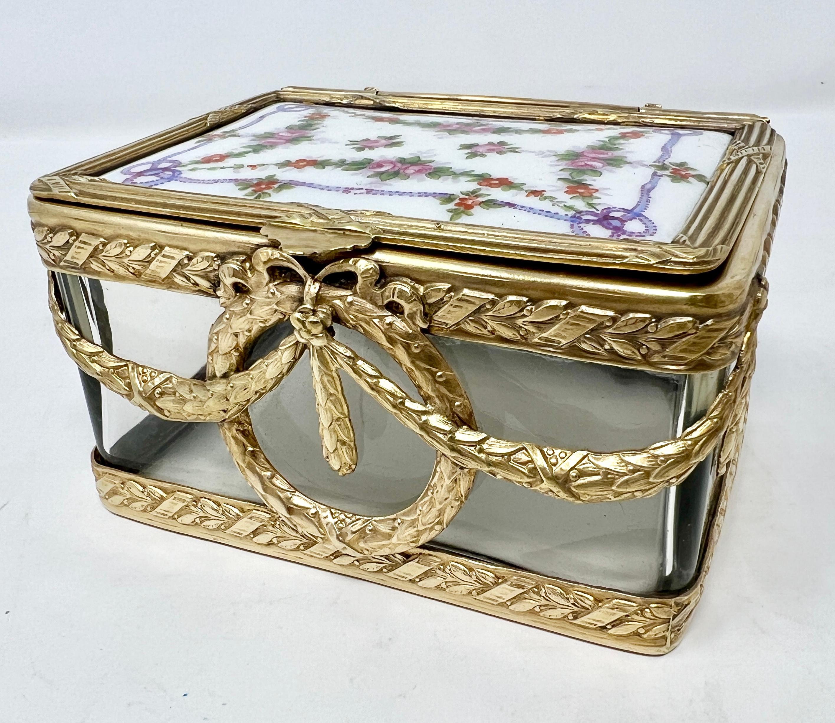 Antique French Gold Bronze & Cut Crystal Enameled Jewel Box, Circa 1890. In Good Condition In New Orleans, LA