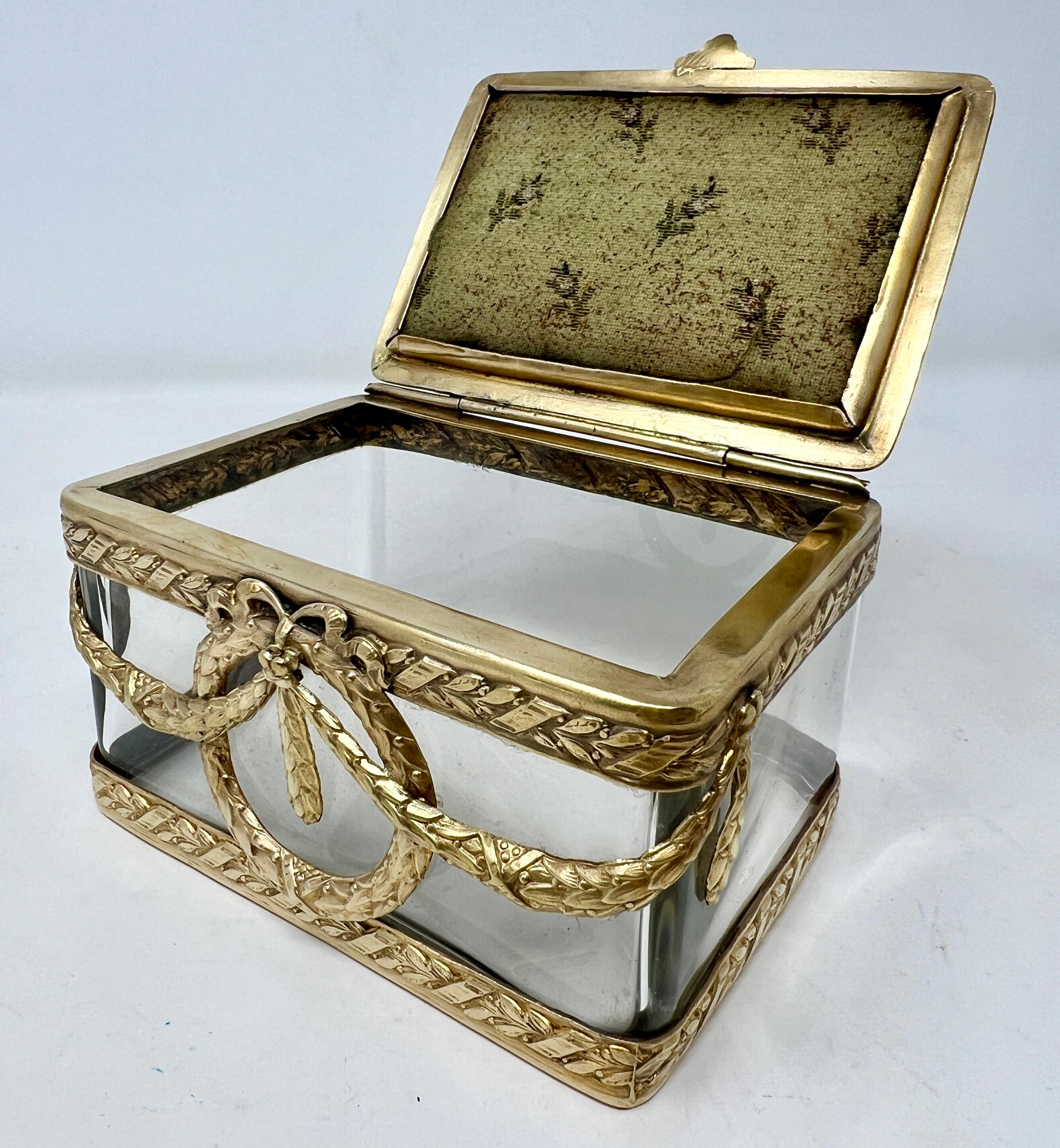 19th Century Antique French Gold Bronze & Cut Crystal Enameled Jewel Box, Circa 1890.