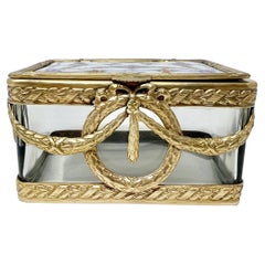 Antique French Gold Bronze & Cut Crystal Enameled Jewel Box, Circa 1890.