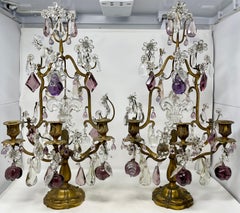 Antique French Gold Bronze & Cut Crystal Girandoles with Fleur-de-Lis Circa 1900