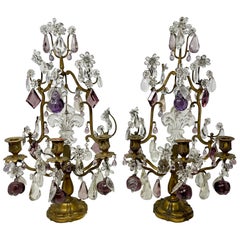 Antique French Gold Bronze & Cut Crystal Girandoles with Fleur-de-Lis Circa 1900