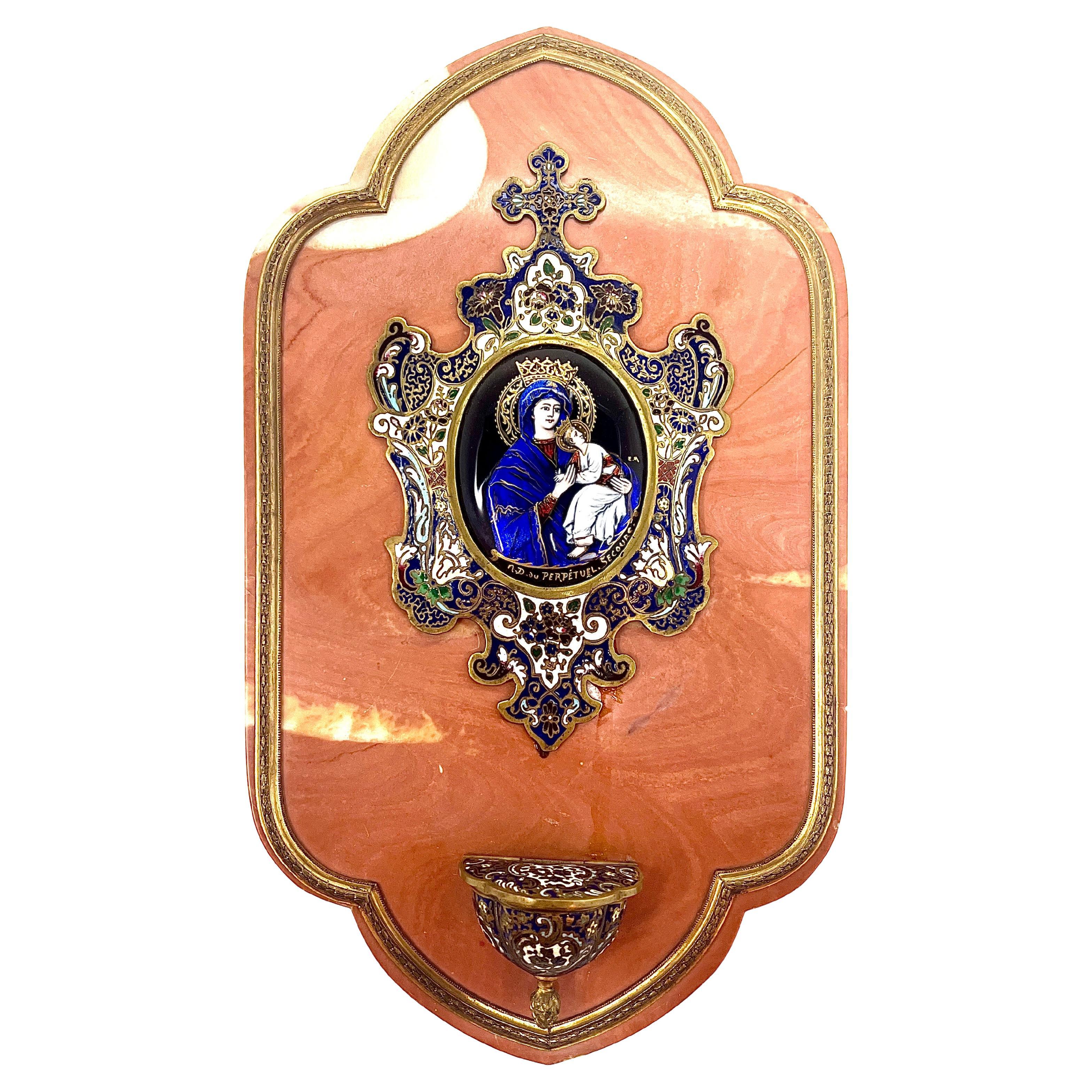 Antique French Gold Bronze, Enamel & Rouge Marble "Benetier" Holy Water Font. For Sale